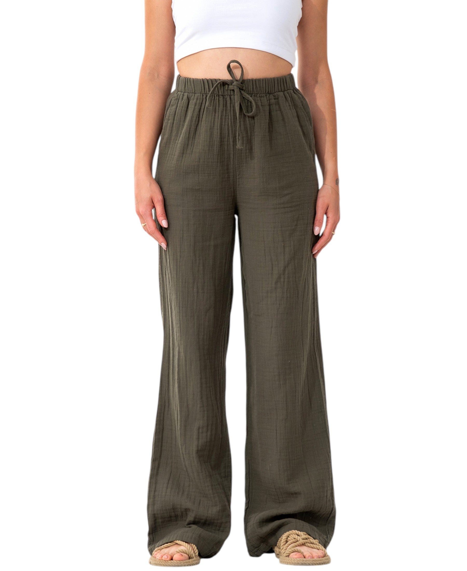 Palazzohose MusselinDamen Sommerhose 100 % Baumwolle, elastischer Bund