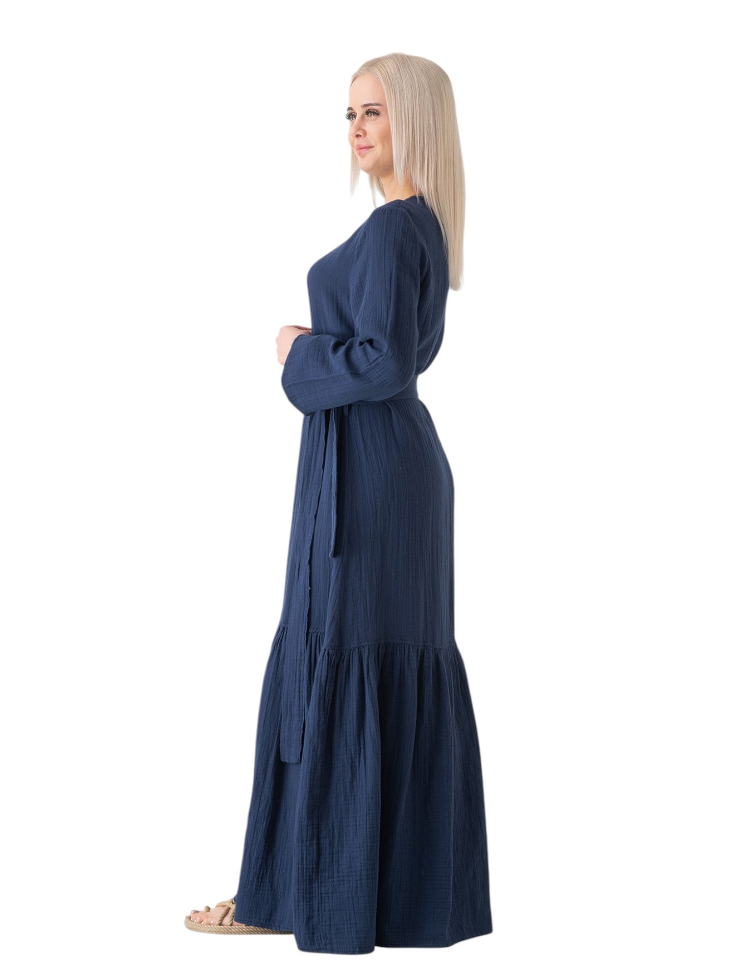 Sommerkleid Musselin-Kleid, 100 % Baumwolle, Volantsaum, Gürtel, Gr. 36–50