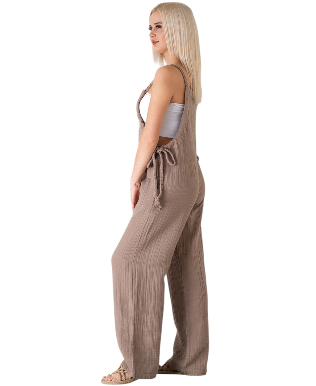 Overall Damen Jumpsuit Musselin mit Flechtträgern – locker & größenverstellbar