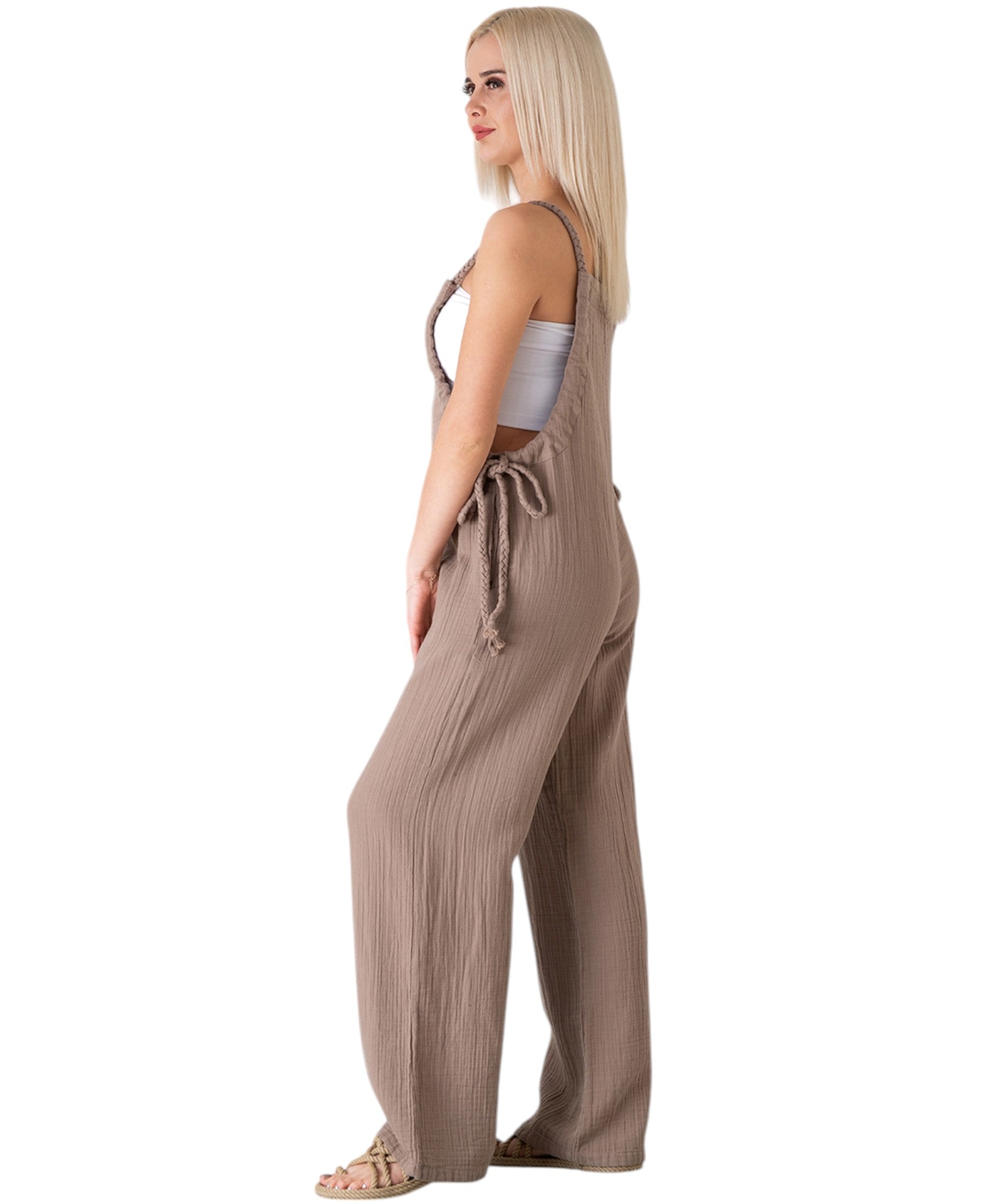 Overall Damen Jumpsuit Musselin mit Flechtträgern – locker & größenverstellbar