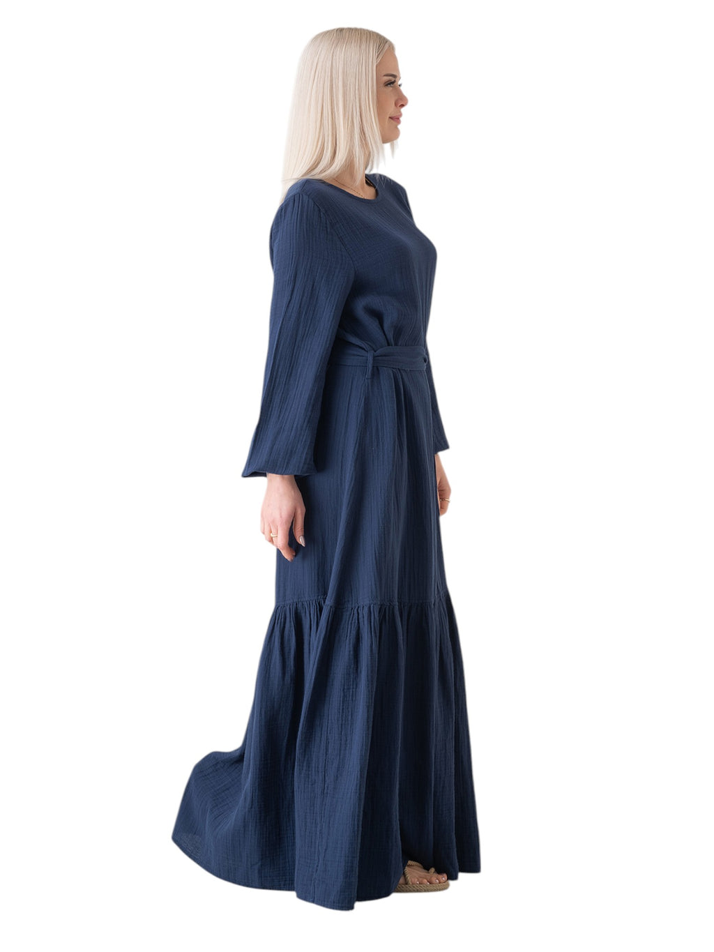 Sommerkleid Musselin-Kleid, 100 % Baumwolle, Volantsaum, Gürtel, Gr. 36–50