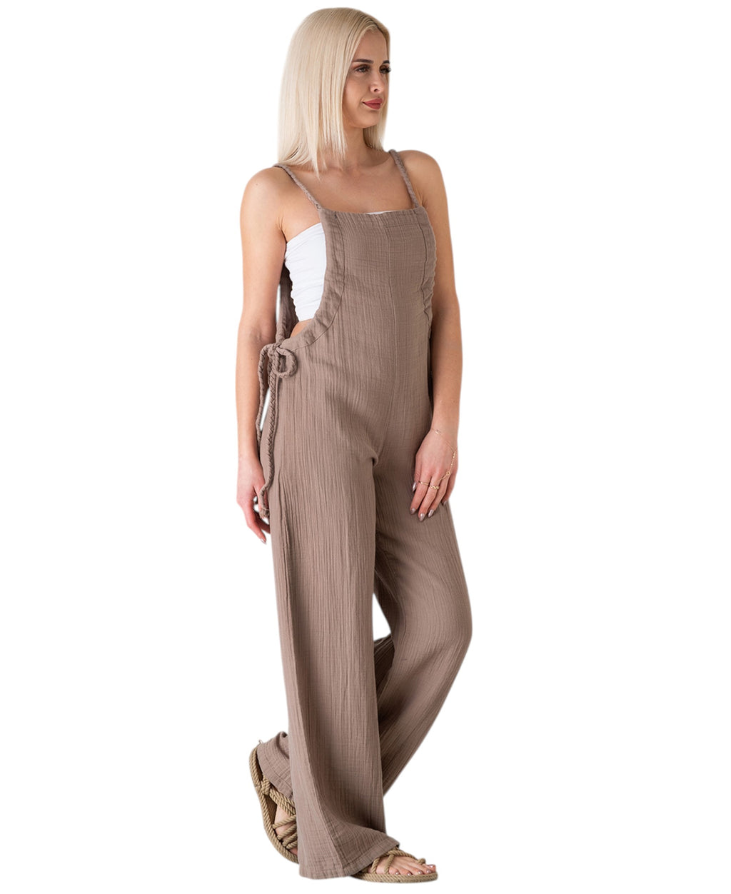 Overall Damen Jumpsuit Musselin mit Flechtträgern – locker & größenverstellbar