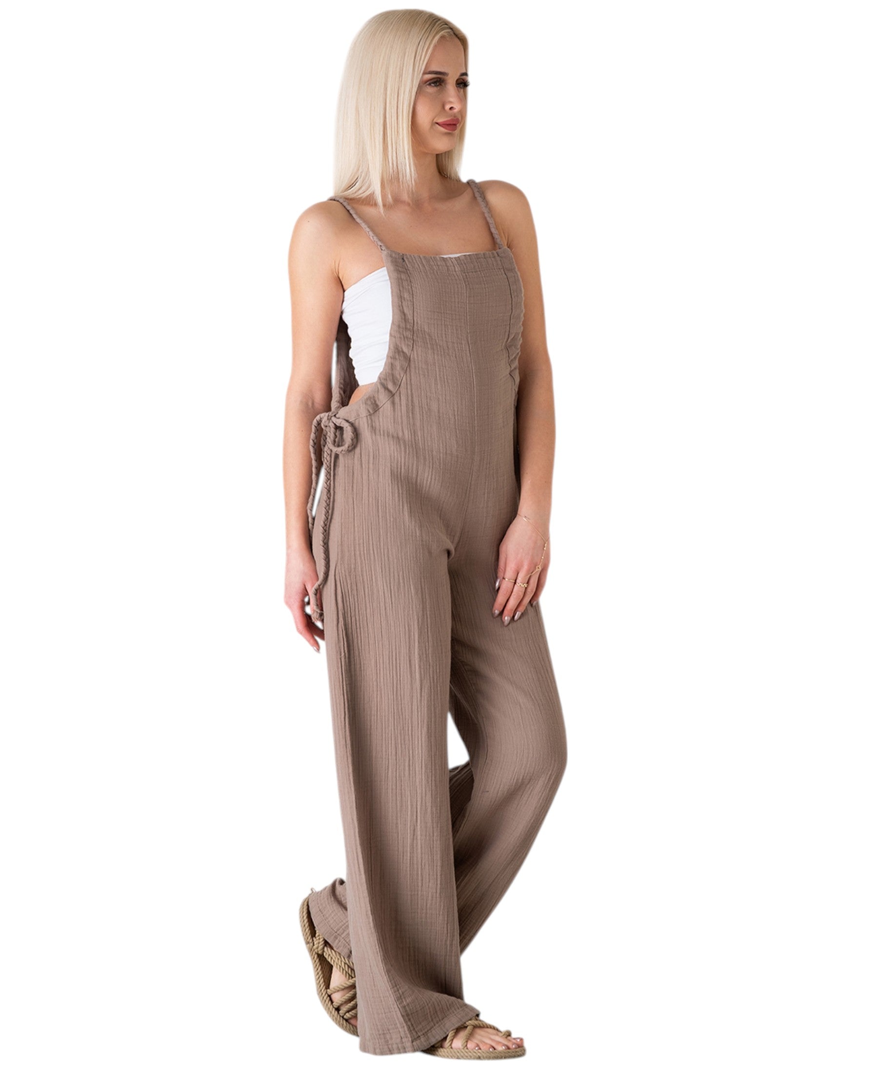 Overall Damen Jumpsuit Musselin mit Flechtträgern – locker & größenverstellbar