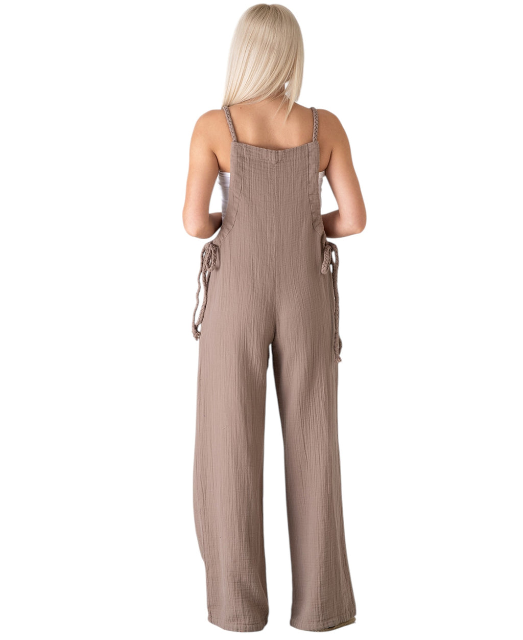 Overall Damen Jumpsuit Musselin mit Flechtträgern – locker & größenverstellbar