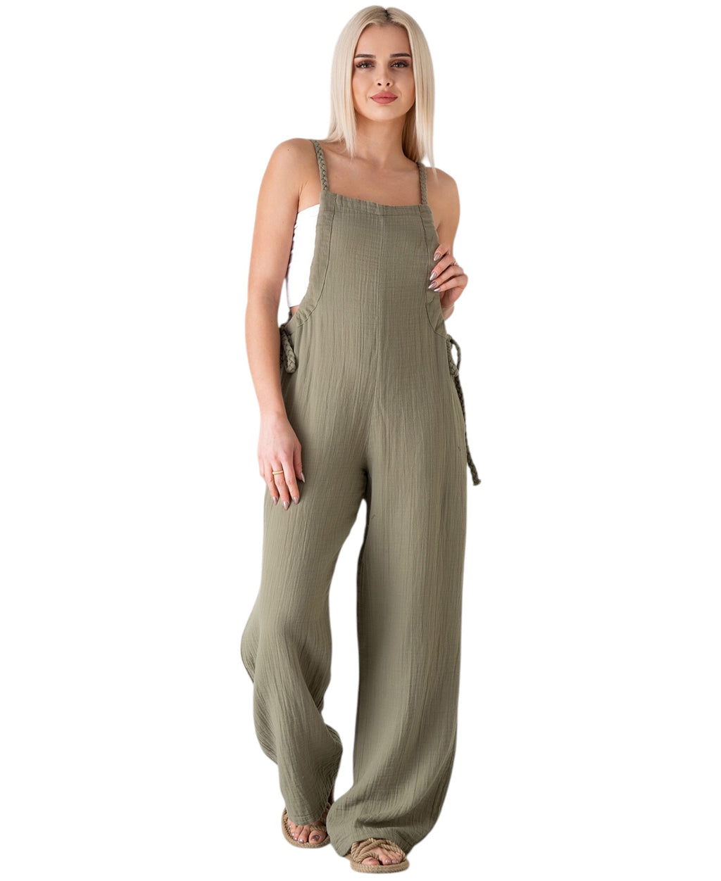 Overall Damen Jumpsuit Musselin mit Flechtträgern – locker & größenverstellbar