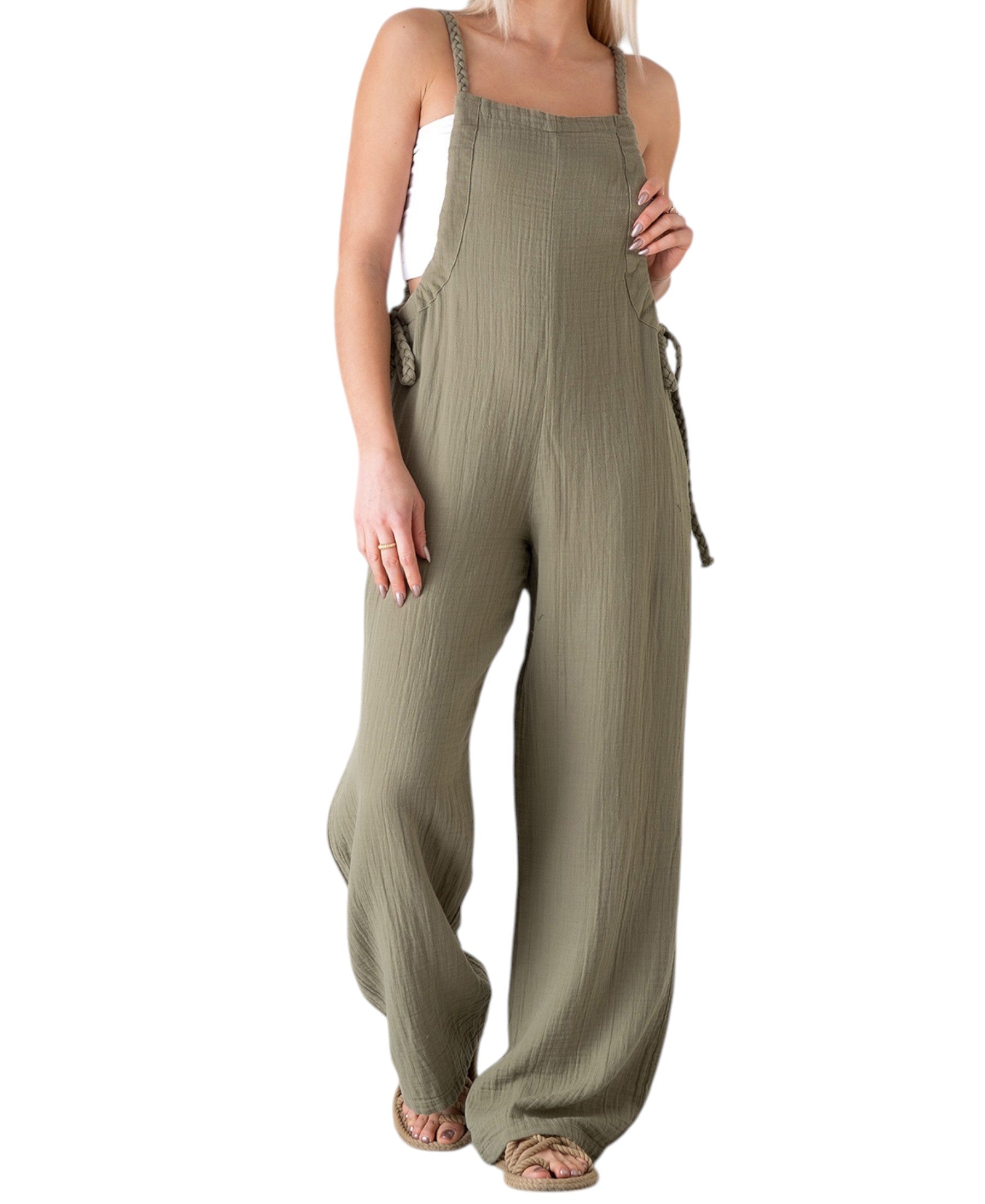 Overall Damen Jumpsuit Musselin mit Flechtträgern – locker & größenverstellbar