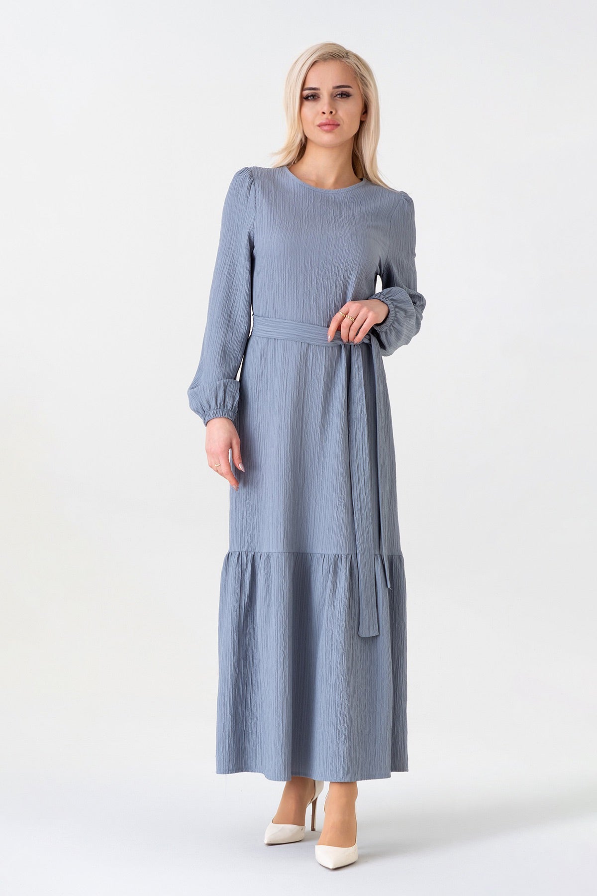 Maxikleid Damen Crinkle Kleid mit Gürtel, Ballonärmel, 140 cm, Gr. 36–46