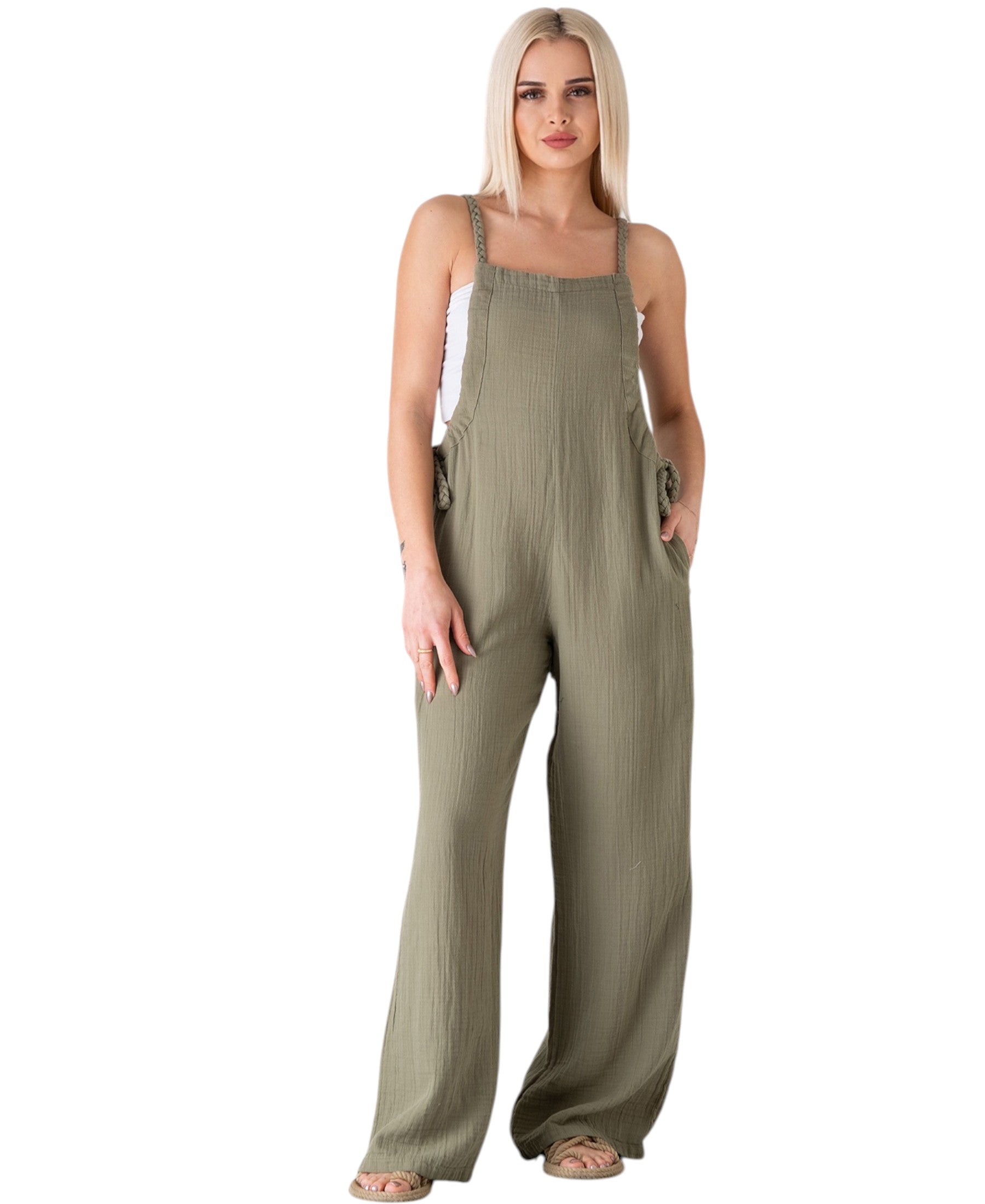 Overall Damen Jumpsuit Musselin mit Flechtträgern – locker & größenverstellbar