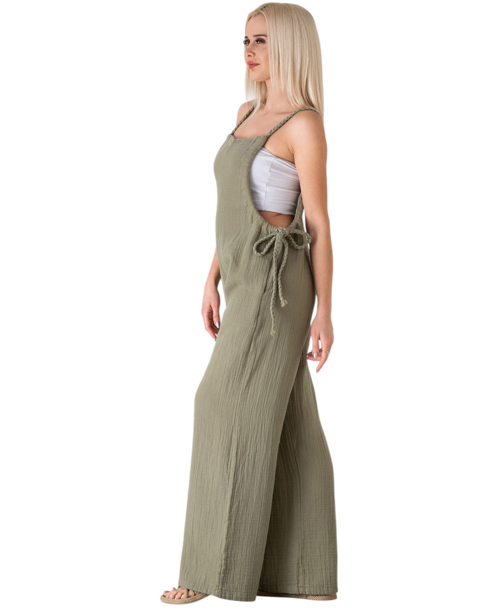Overall Damen Jumpsuit Musselin mit Flechtträgern – locker & größenverstellbar