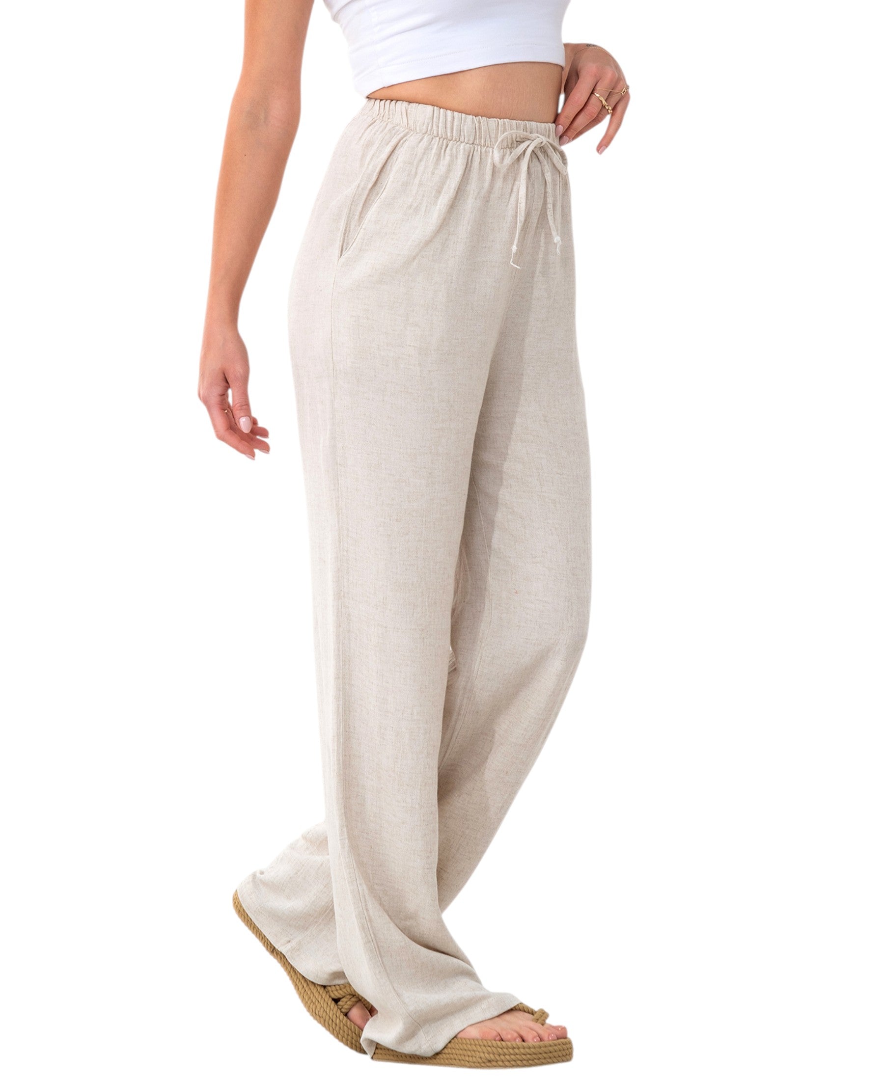 Leinenhose Damen mit Kordelzug, Stoffhose aus hochwertigem Leinenmix