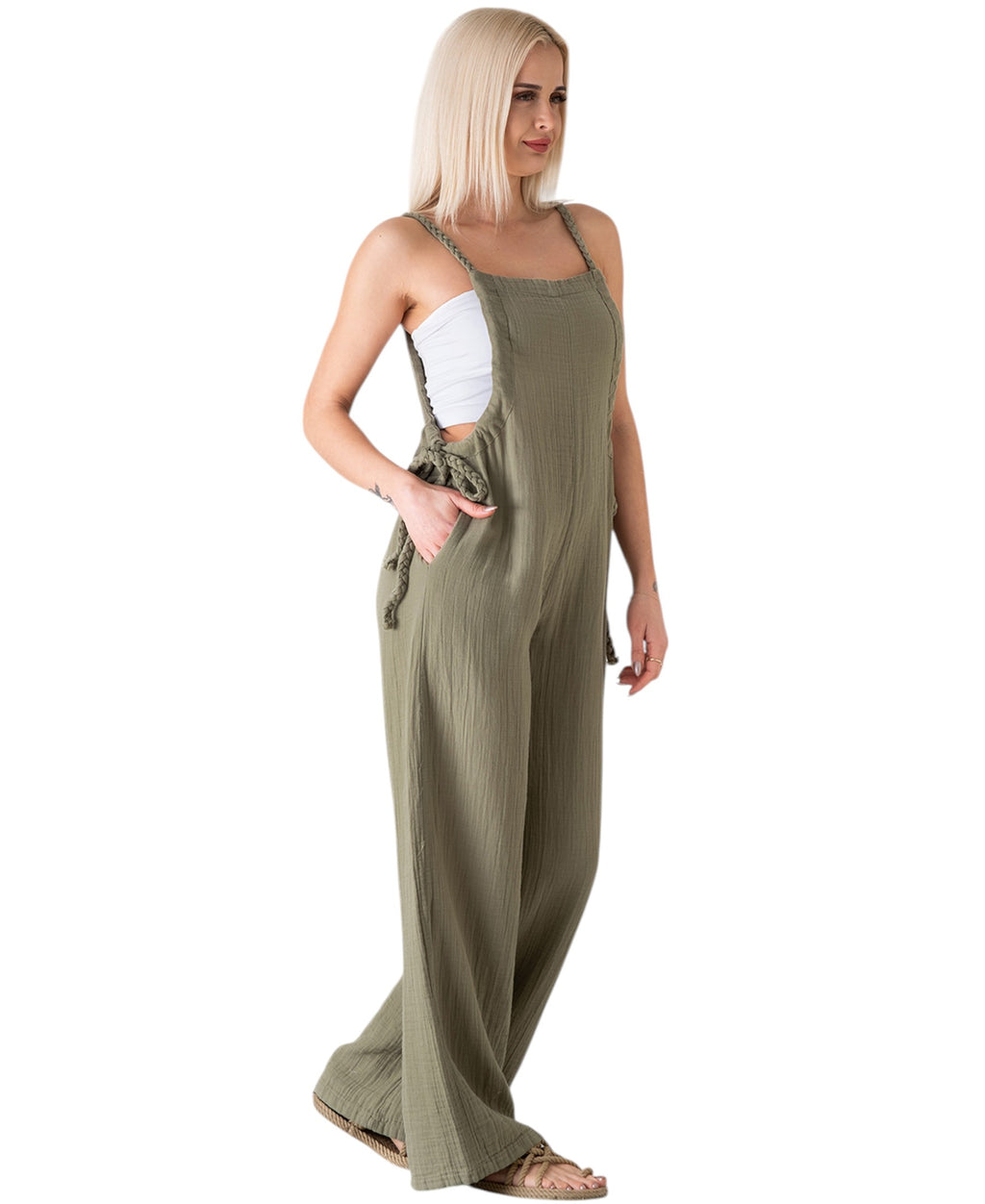 Overall Damen Jumpsuit Musselin mit Flechtträgern – locker & größenverstellbar