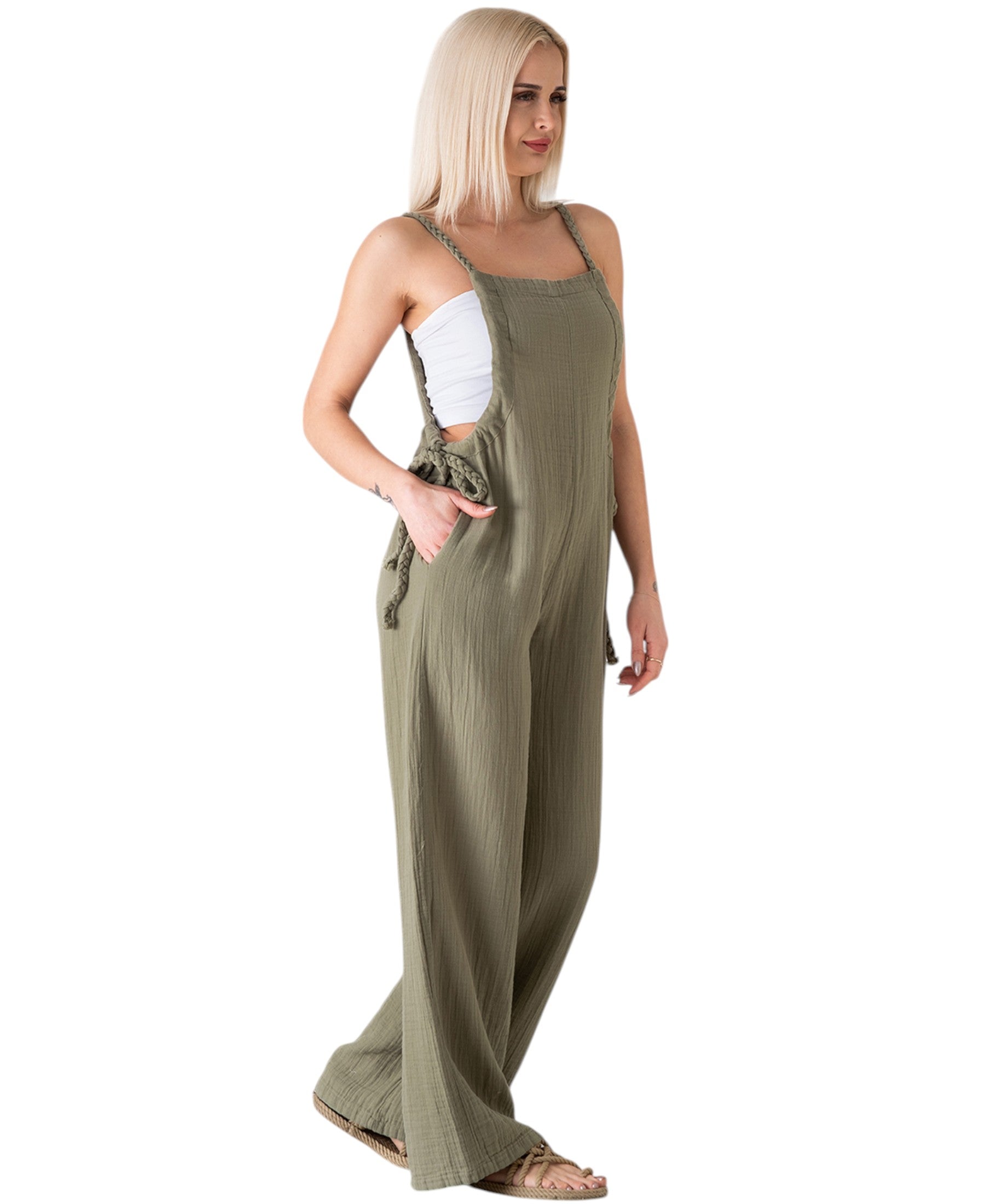 Overall Damen Jumpsuit Musselin mit Flechtträgern – locker & größenverstellbar
