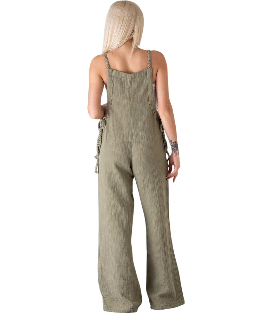 Overall Damen Jumpsuit Musselin mit Flechtträgern – locker & größenverstellbar