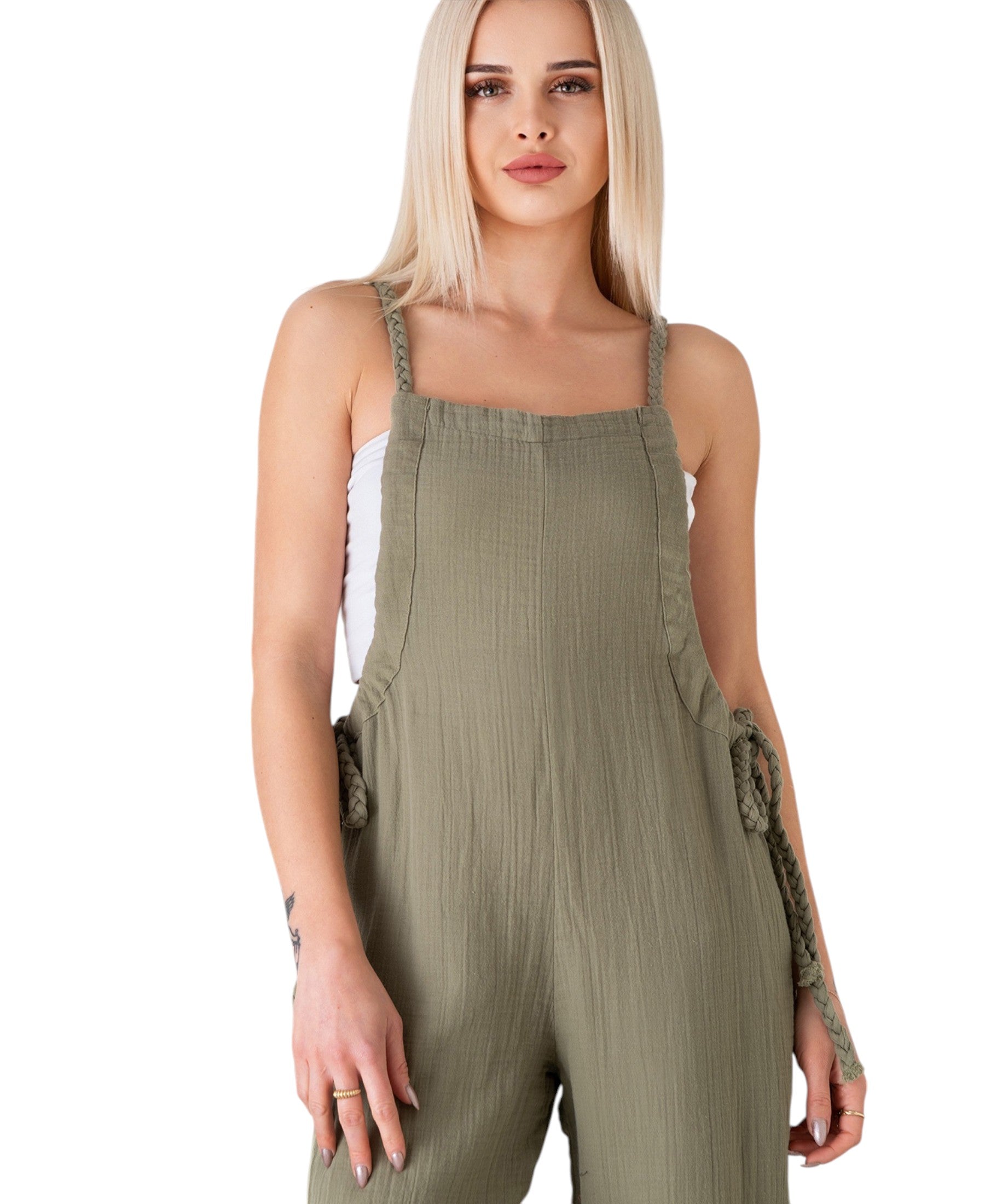 Overall Damen Jumpsuit Musselin mit Flechtträgern – locker & größenverstellbar