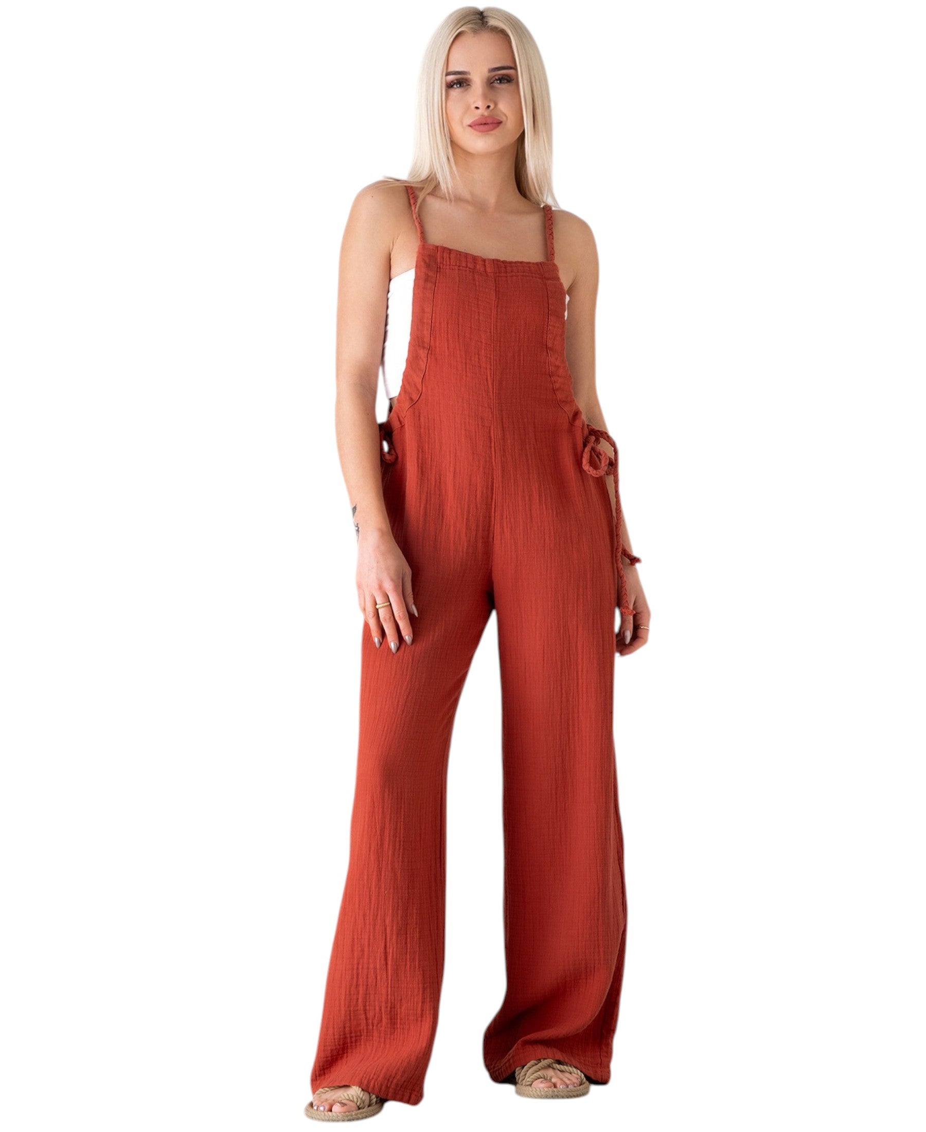 Overall Damen Jumpsuit Musselin mit Flechtträgern – locker & größenverstellbar