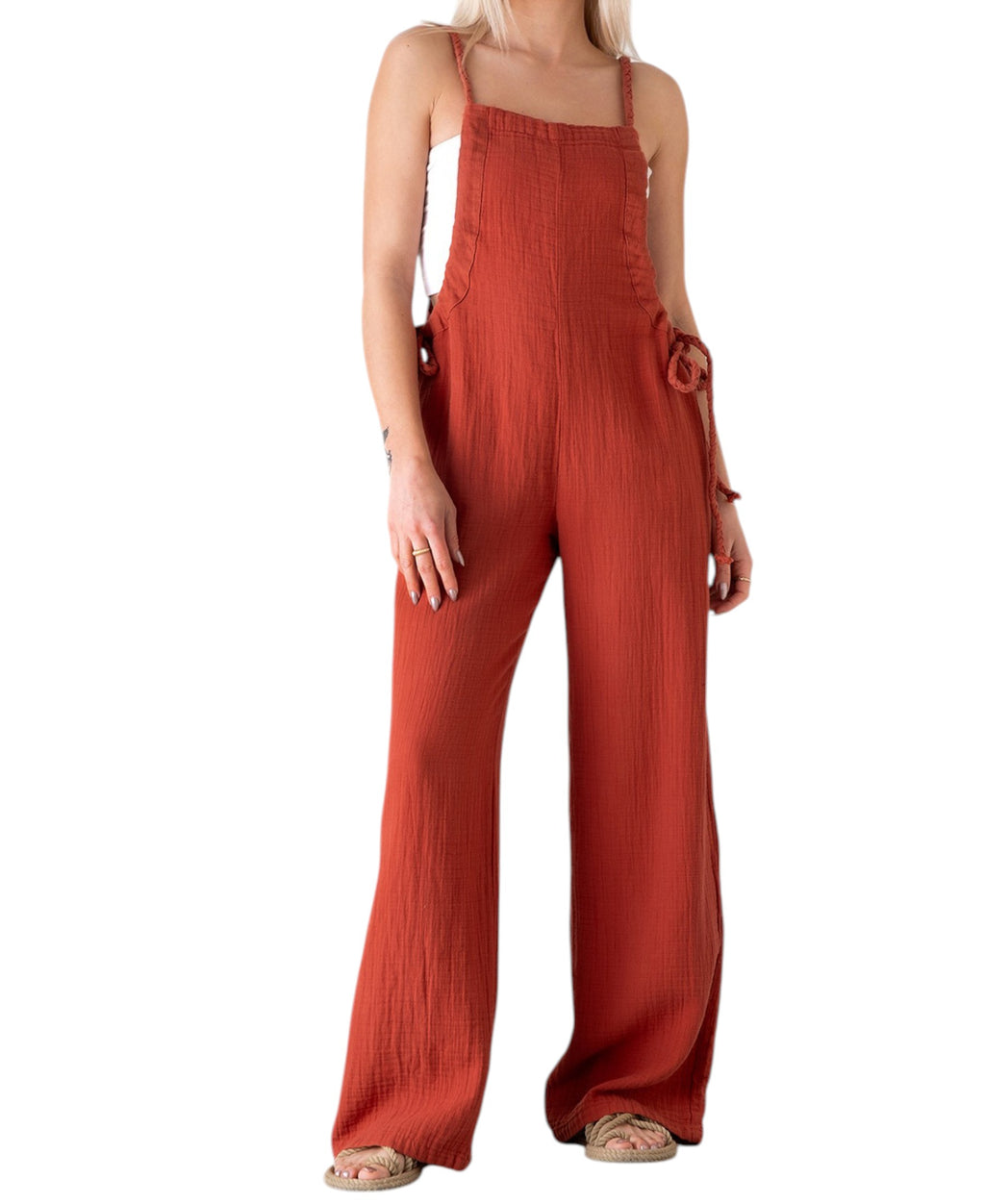 Overall Damen Jumpsuit Musselin mit Flechtträgern – locker & größenverstellbar