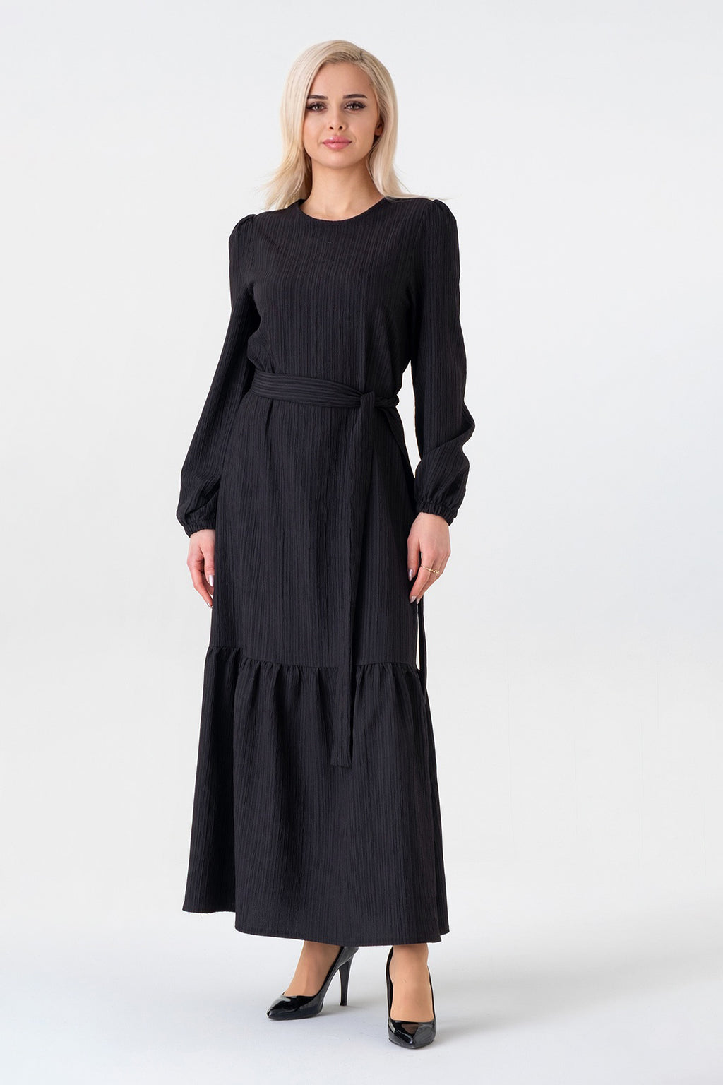 Maxikleid Damen Crinkle Kleid mit Gürtel, Ballonärmel, 140 cm, Gr. 36–46