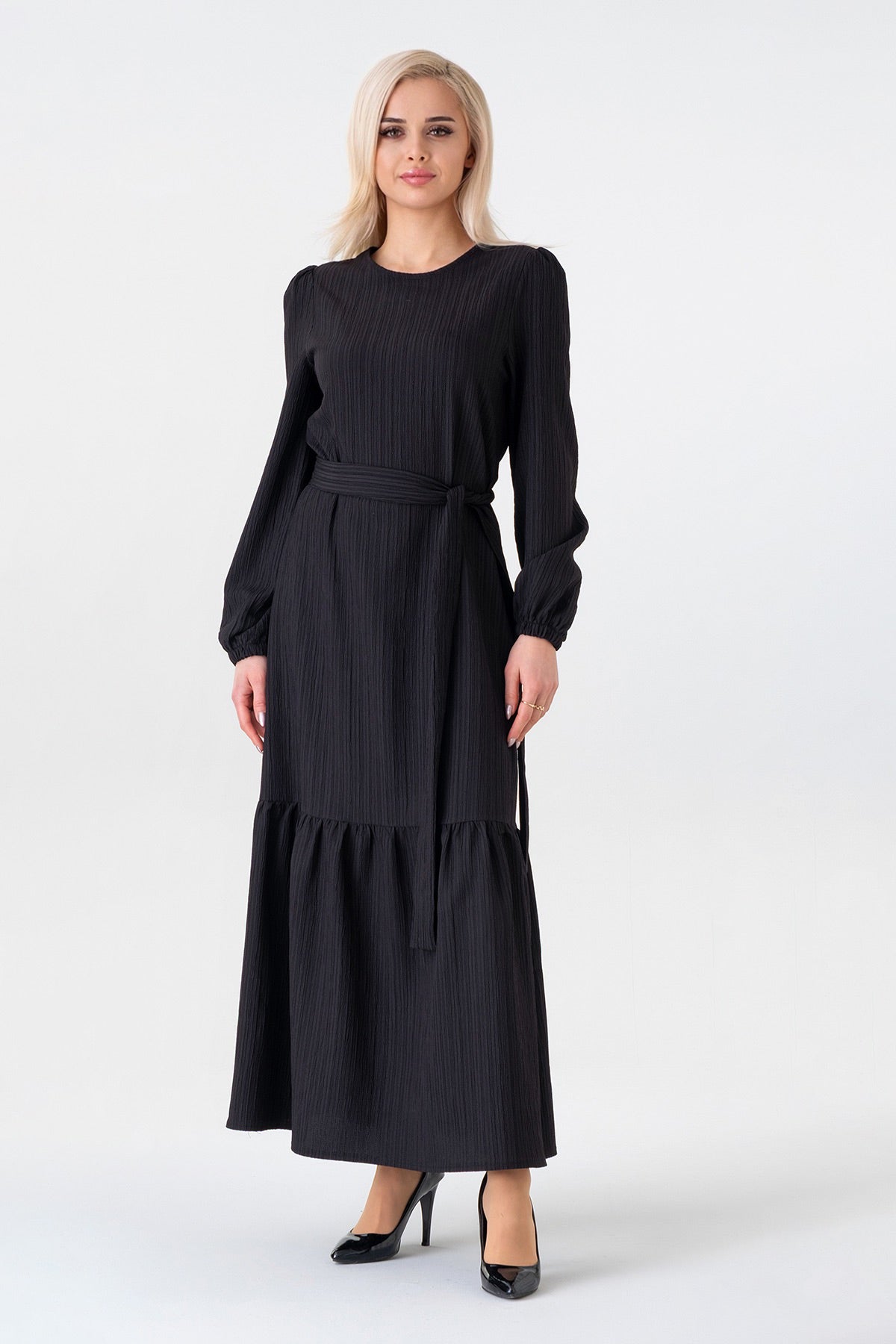 Maxikleid Damen Crinkle Kleid mit Gürtel, Ballonärmel, 140 cm, Gr. 36–46