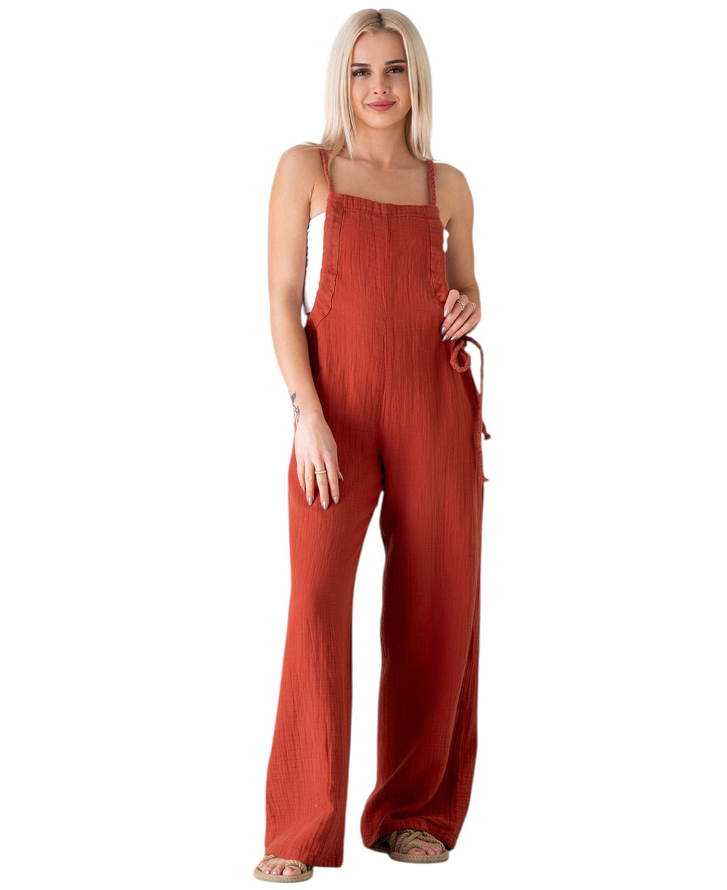 Overall Damen Jumpsuit Musselin mit Flechtträgern – locker & größenverstellbar
