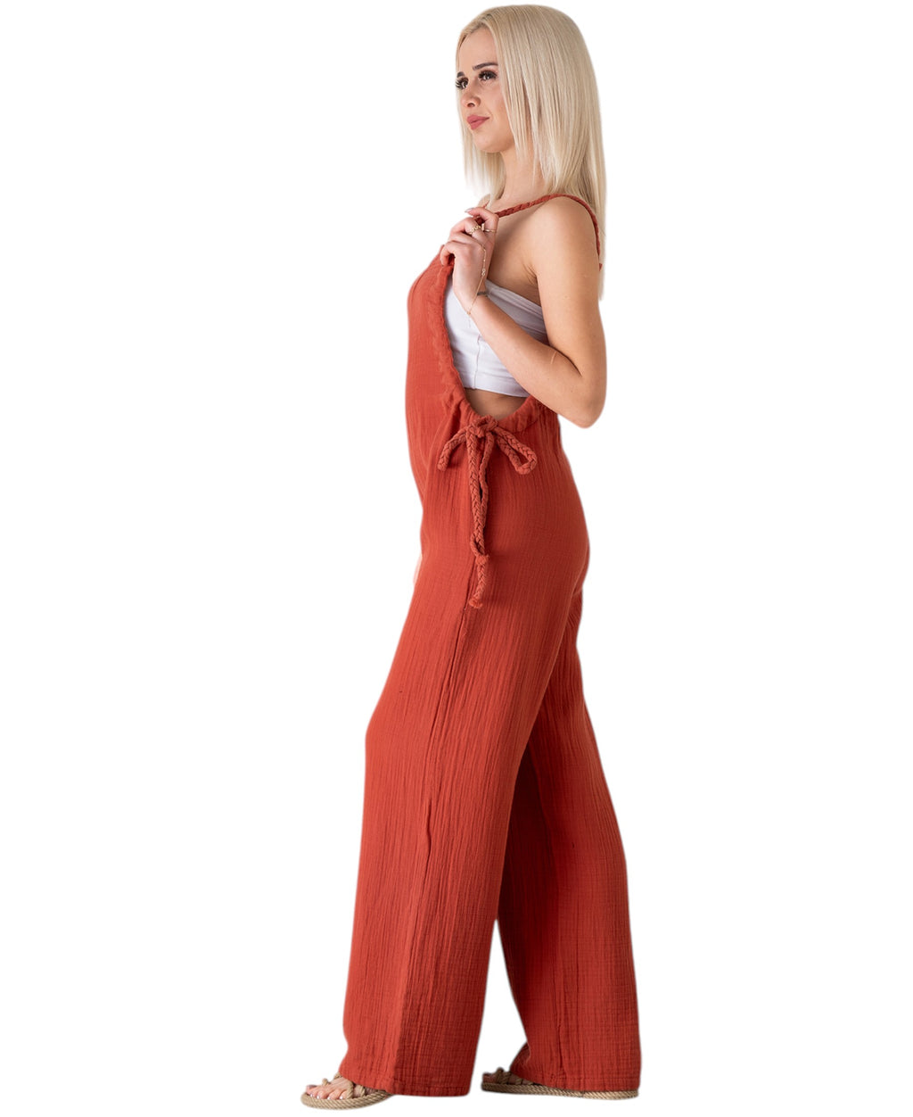 Overall Damen Jumpsuit Musselin mit Flechtträgern – locker & größenverstellbar
