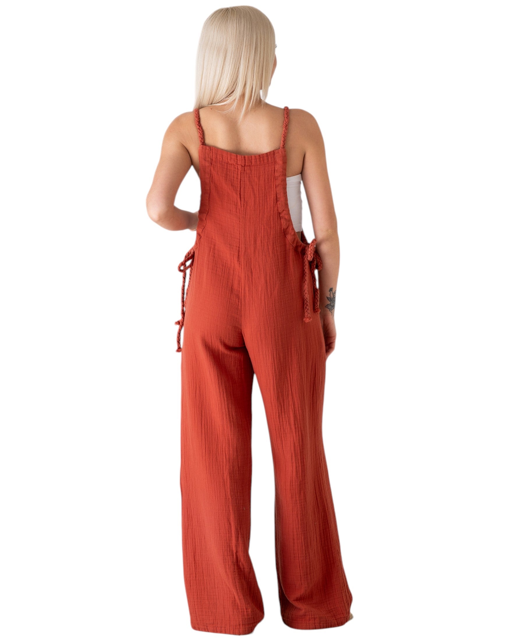 Overall Damen Jumpsuit Musselin mit Flechtträgern – locker & größenverstellbar