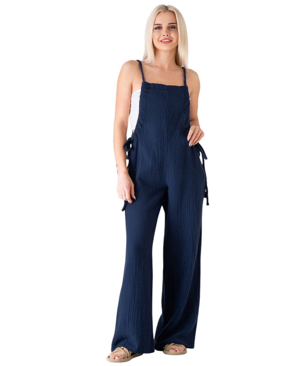 Overall Damen Jumpsuit Musselin mit Flechtträgern – locker & größenverstellbar