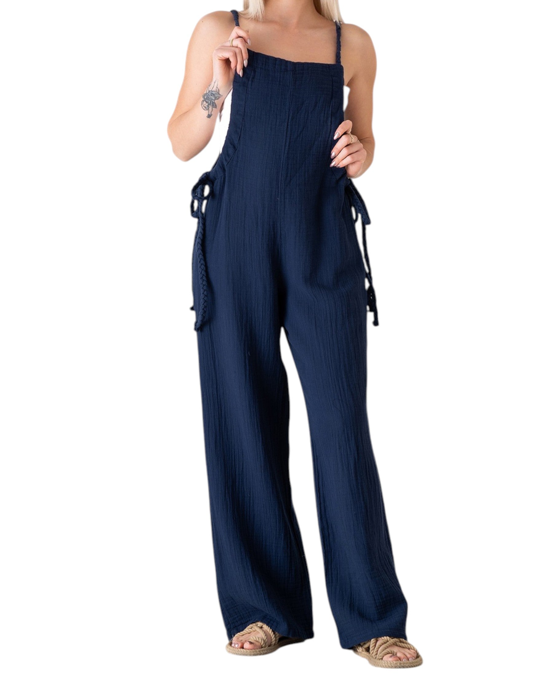Overall Damen Jumpsuit Musselin mit Flechtträgern – locker & größenverstellbar