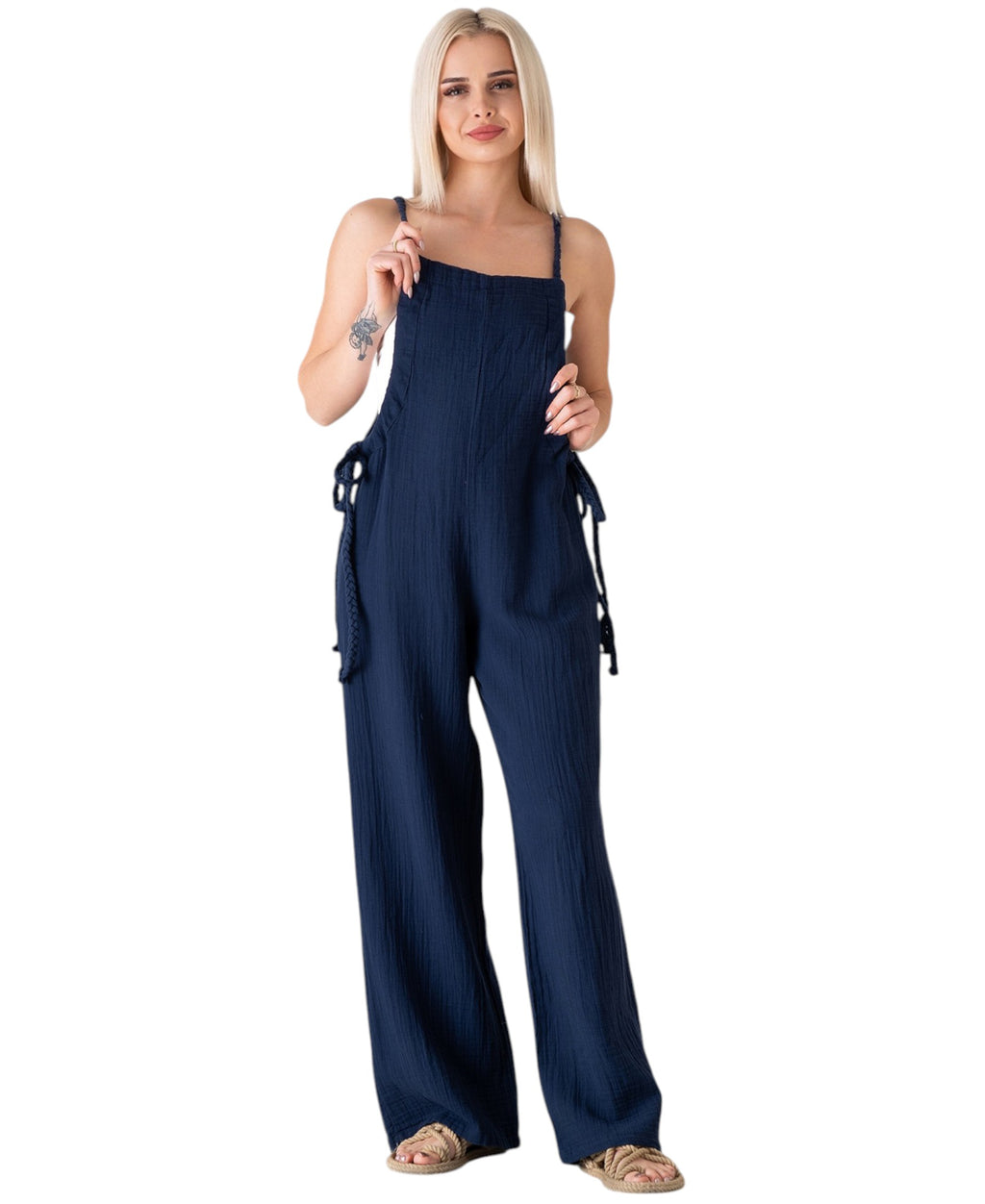 Overall Damen Jumpsuit Musselin mit Flechtträgern – locker & größenverstellbar