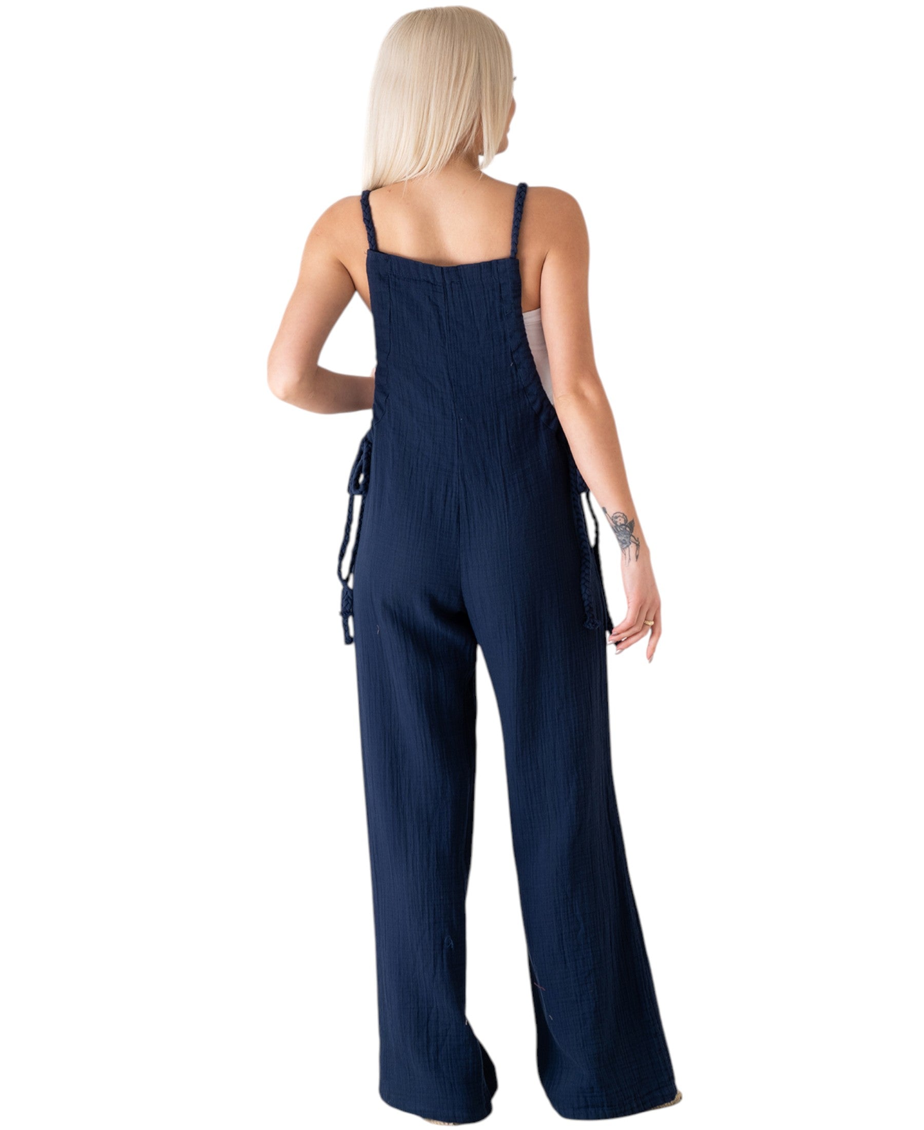 Overall Damen Jumpsuit Musselin mit Flechtträgern – locker & größenverstellbar