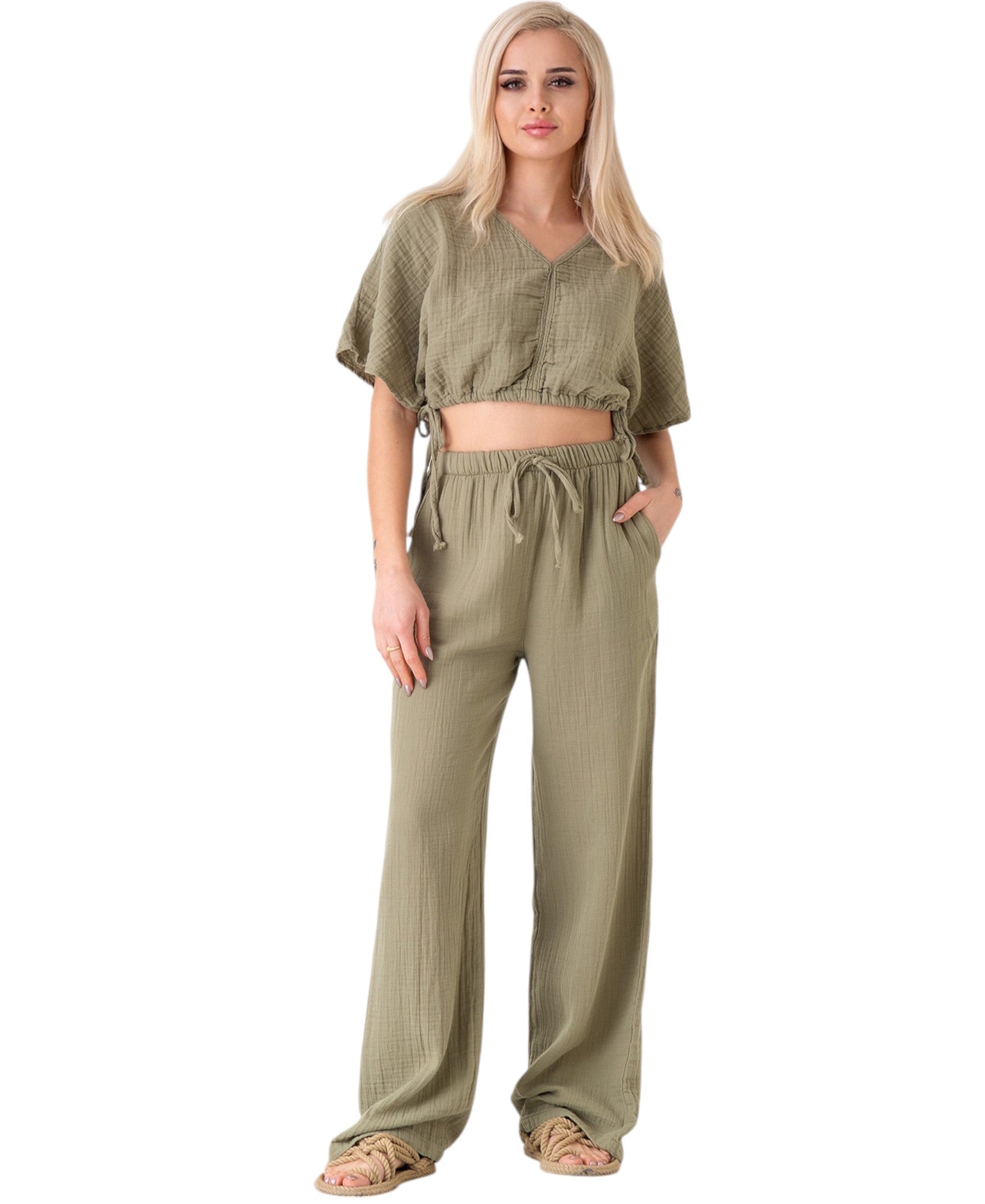 Palazzohose MusselinDamen Sommerhose 100 % Baumwolle, elastischer Bund