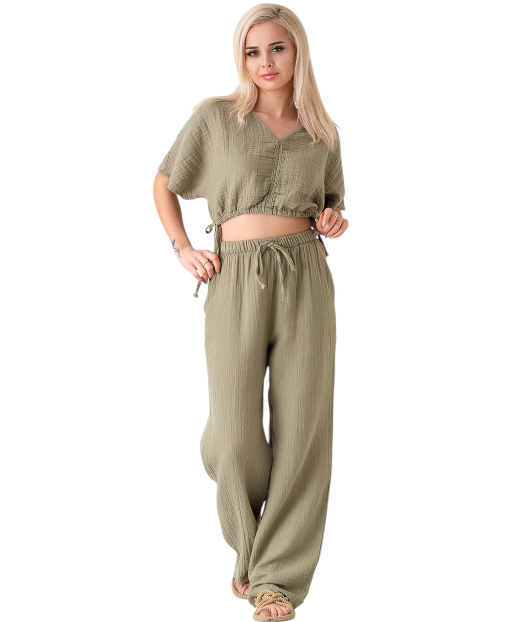 Palazzohose MusselinDamen Sommerhose 100 % Baumwolle, elastischer Bund
