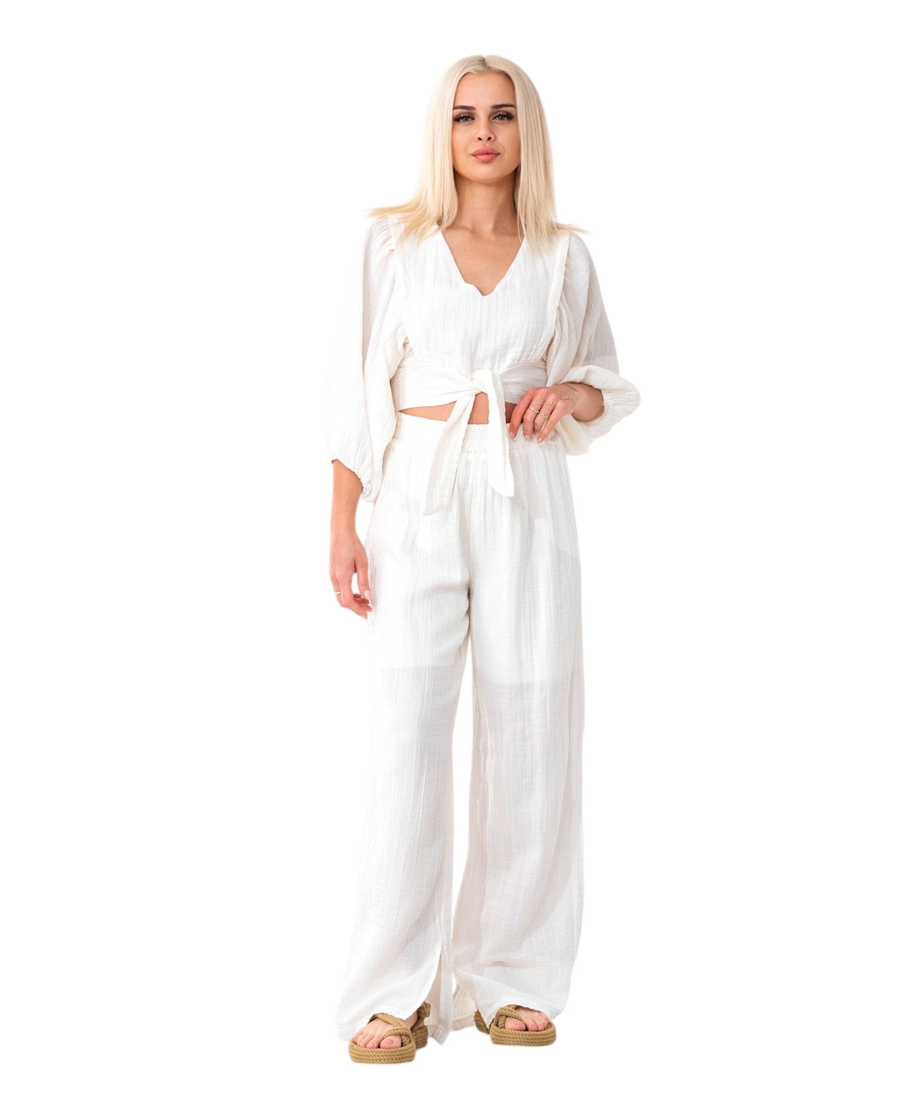 Crop-Top Set Damen Musselin-Zweiteiler mit Hose, Wickel-Top & V-Ausschnitt