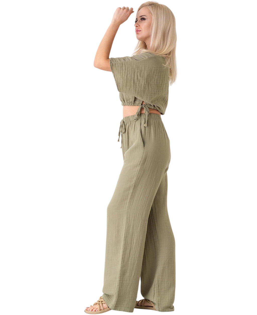 Palazzohose MusselinDamen Sommerhose 100 % Baumwolle, elastischer Bund