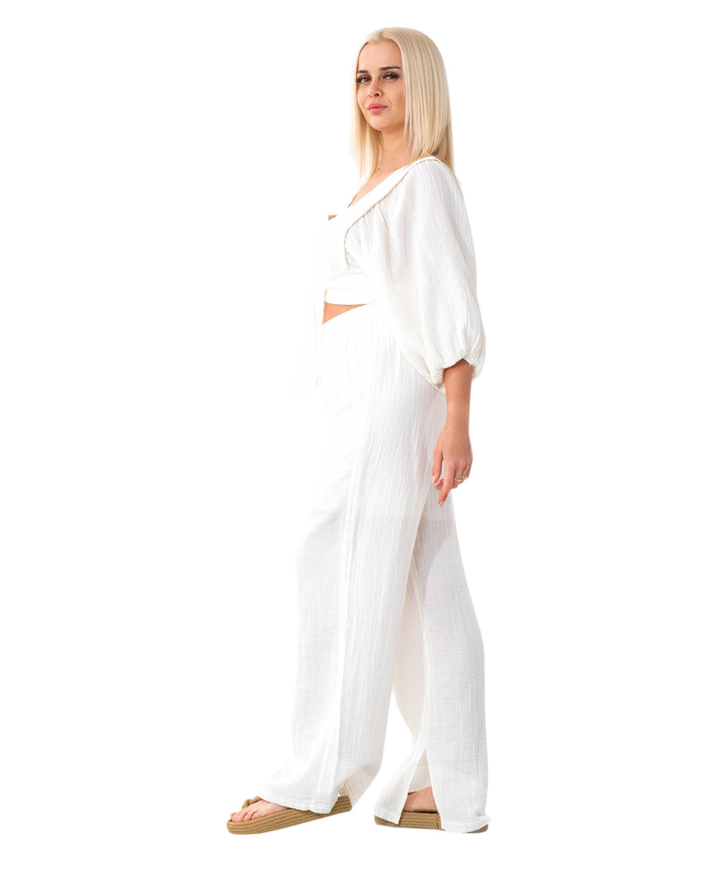 Crop-Top Set Damen Musselin-Zweiteiler mit Hose, Wickel-Top & V-Ausschnitt