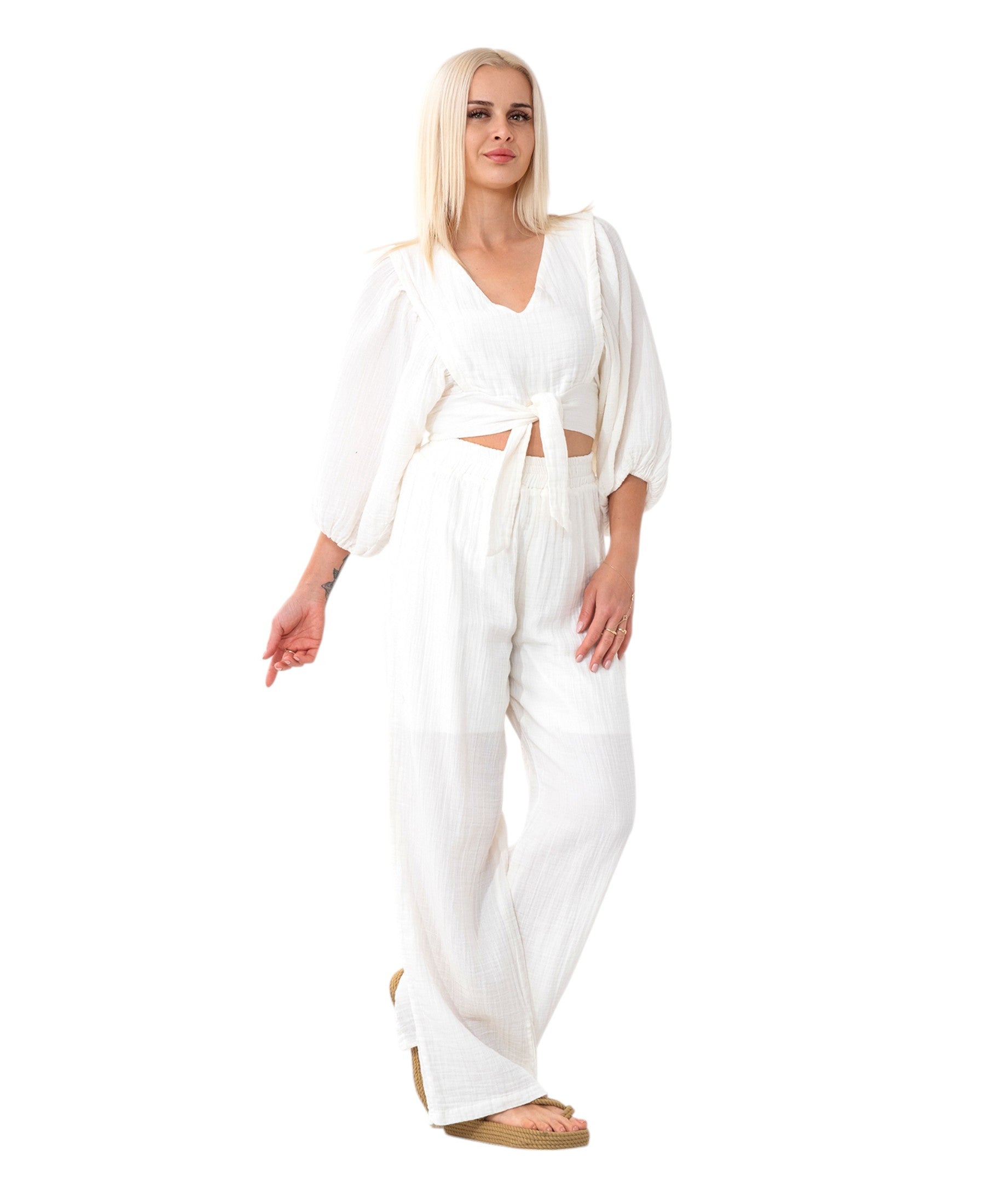 Crop-Top Set Damen Musselin-Zweiteiler mit Hose, Wickel-Top & V-Ausschnitt