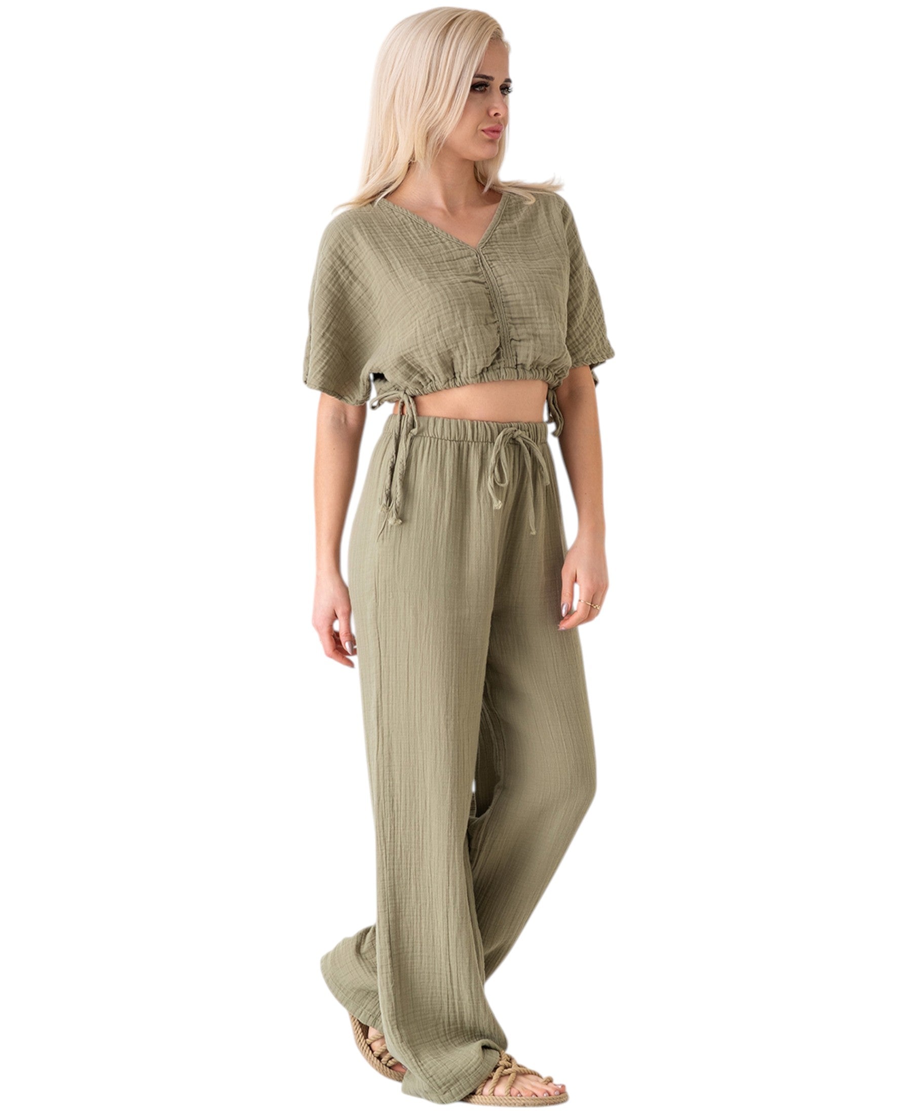 Palazzohose MusselinDamen Sommerhose 100 % Baumwolle, elastischer Bund