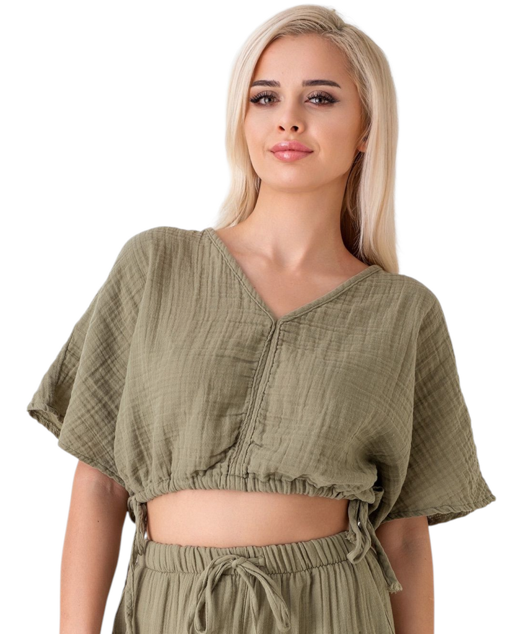 Crop-Top – Luftiges Musselin-Oberteil mit Tunnelzug und V-Ausschnitt