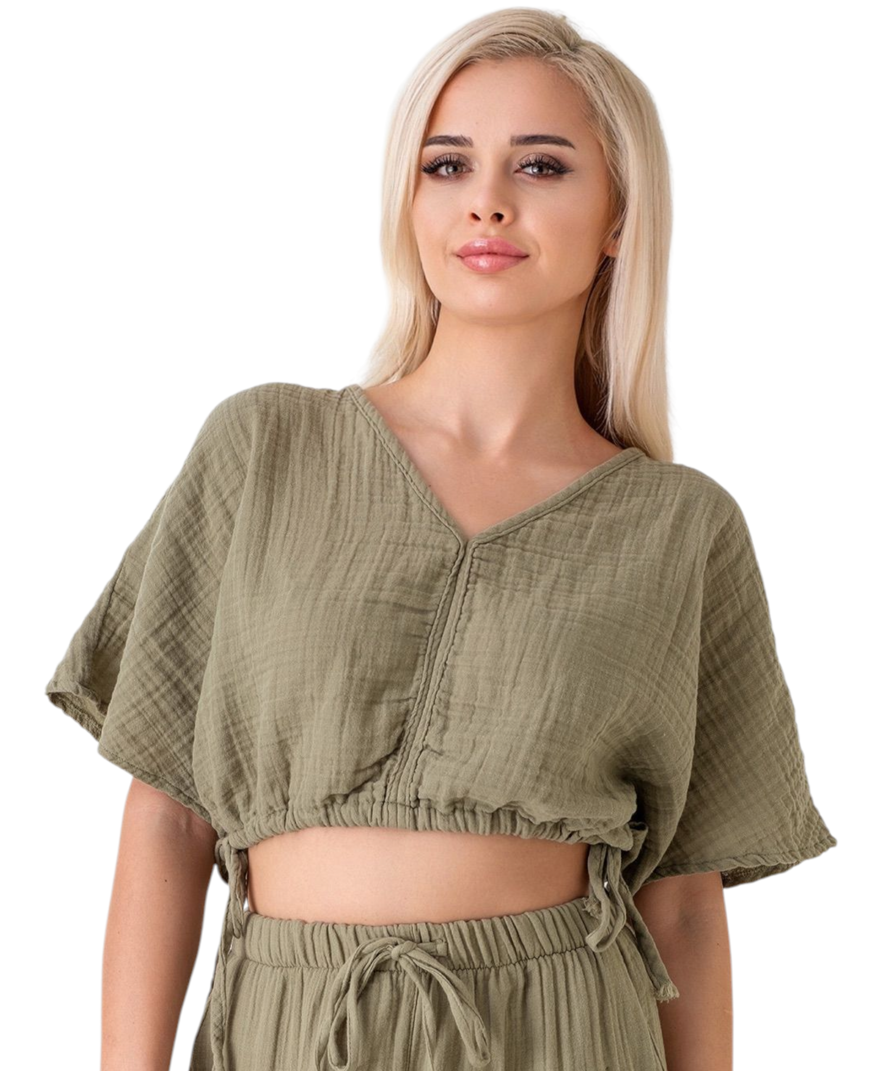 Crop-Top – Luftiges Musselin-Oberteil mit Tunnelzug und V-Ausschnitt