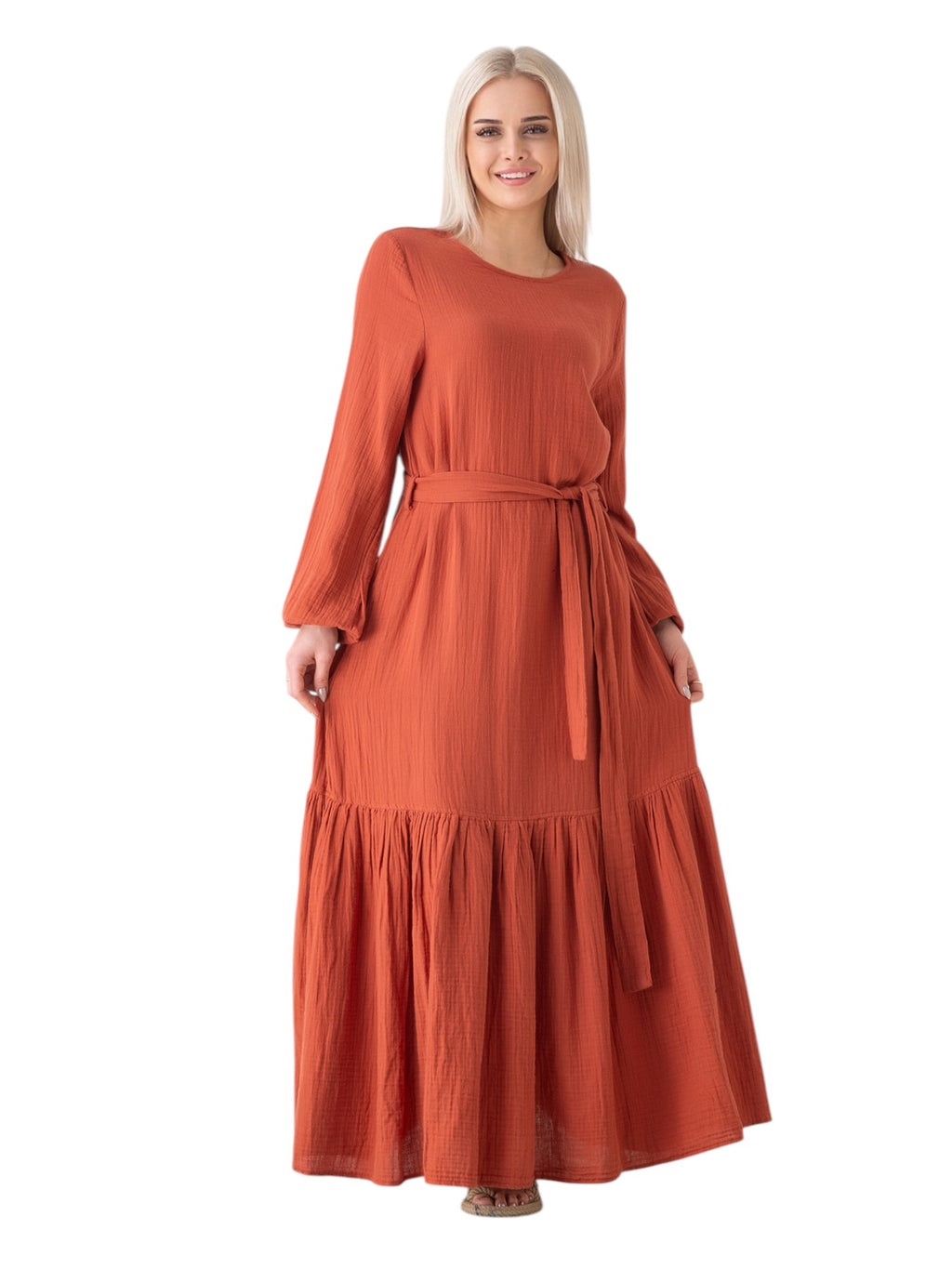 Sommerkleid Musselin-Kleid, 100 % Baumwolle, Volantsaum, Gürtel, Gr. 36–50