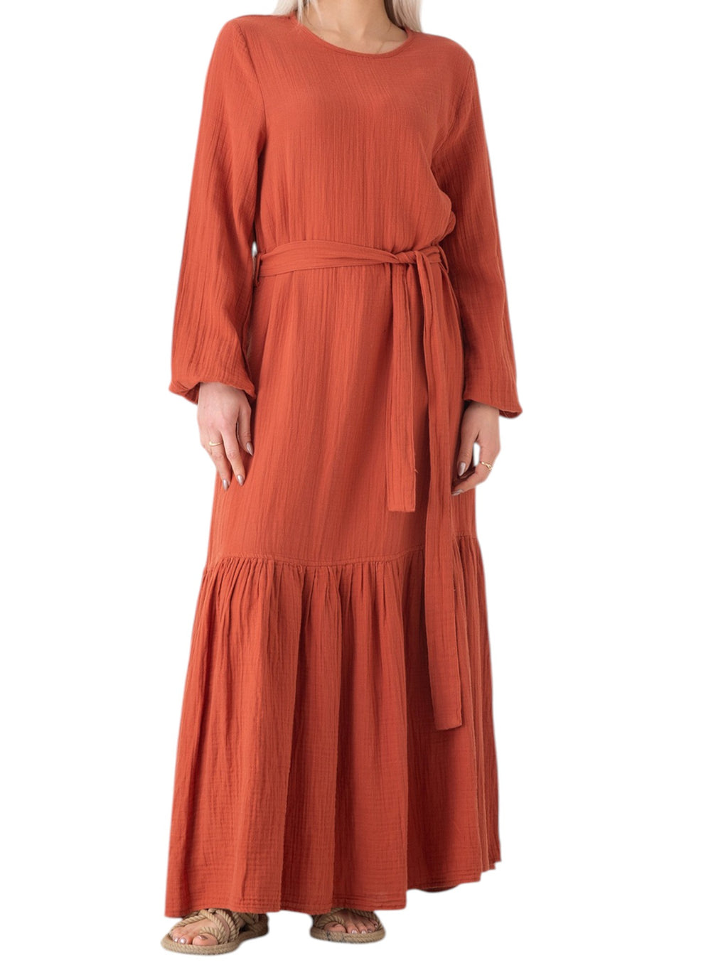Sommerkleid Musselin-Kleid, 100 % Baumwolle, Volantsaum, Gürtel, Gr. 36–50