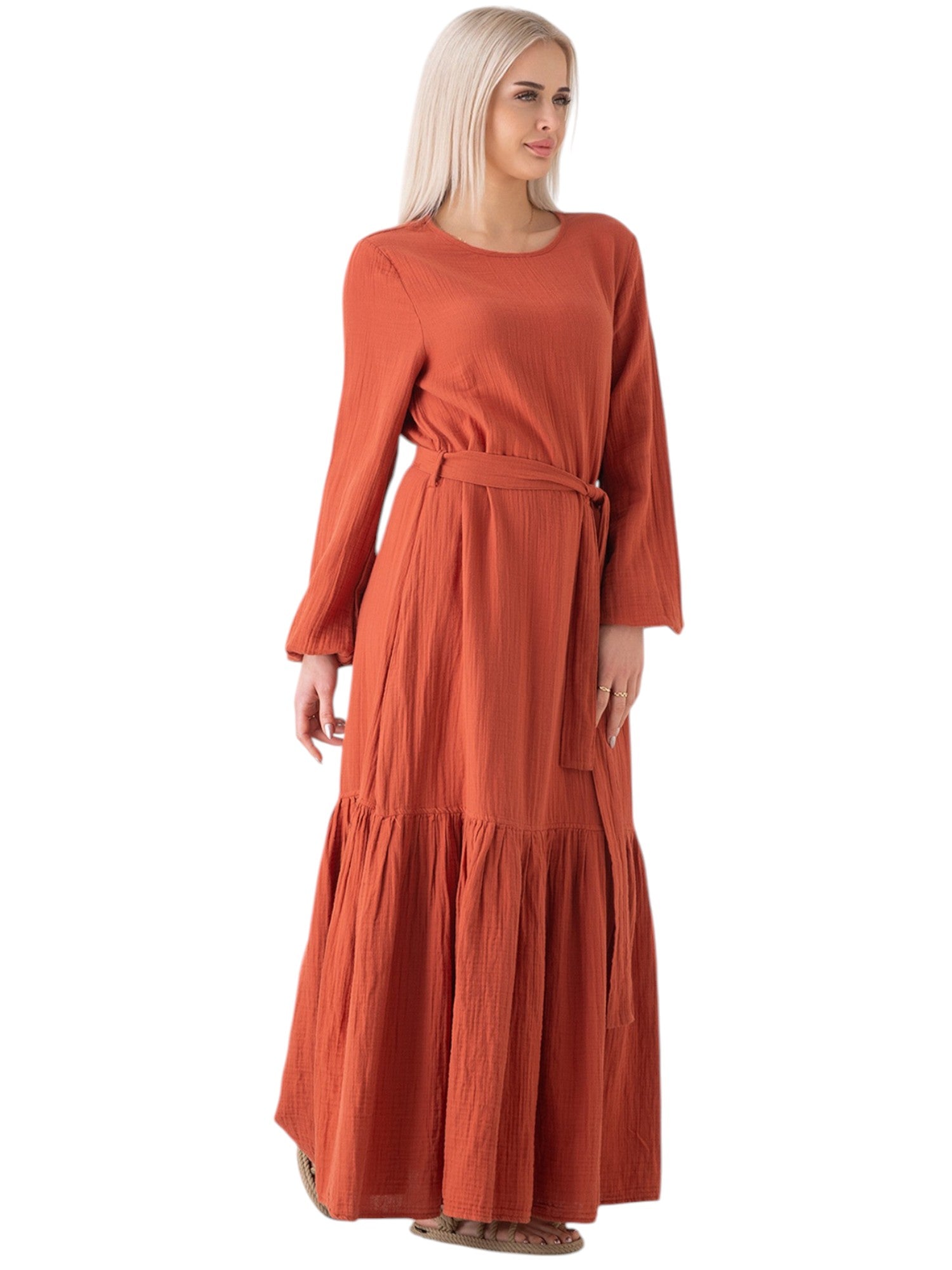 Sommerkleid Musselin-Kleid, 100 % Baumwolle, Volantsaum, Gürtel, Gr. 36–50