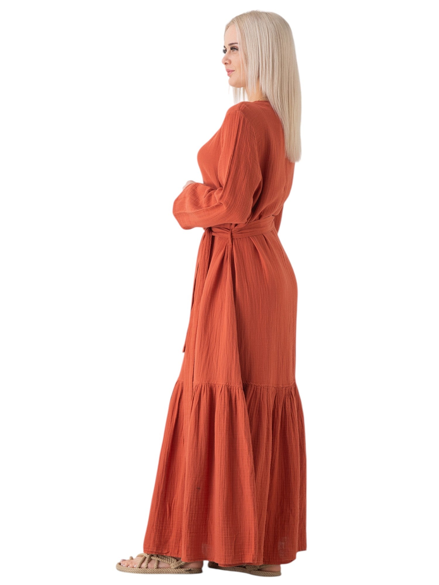 Sommerkleid Musselin-Kleid, 100 % Baumwolle, Volantsaum, Gürtel, Gr. 36–50