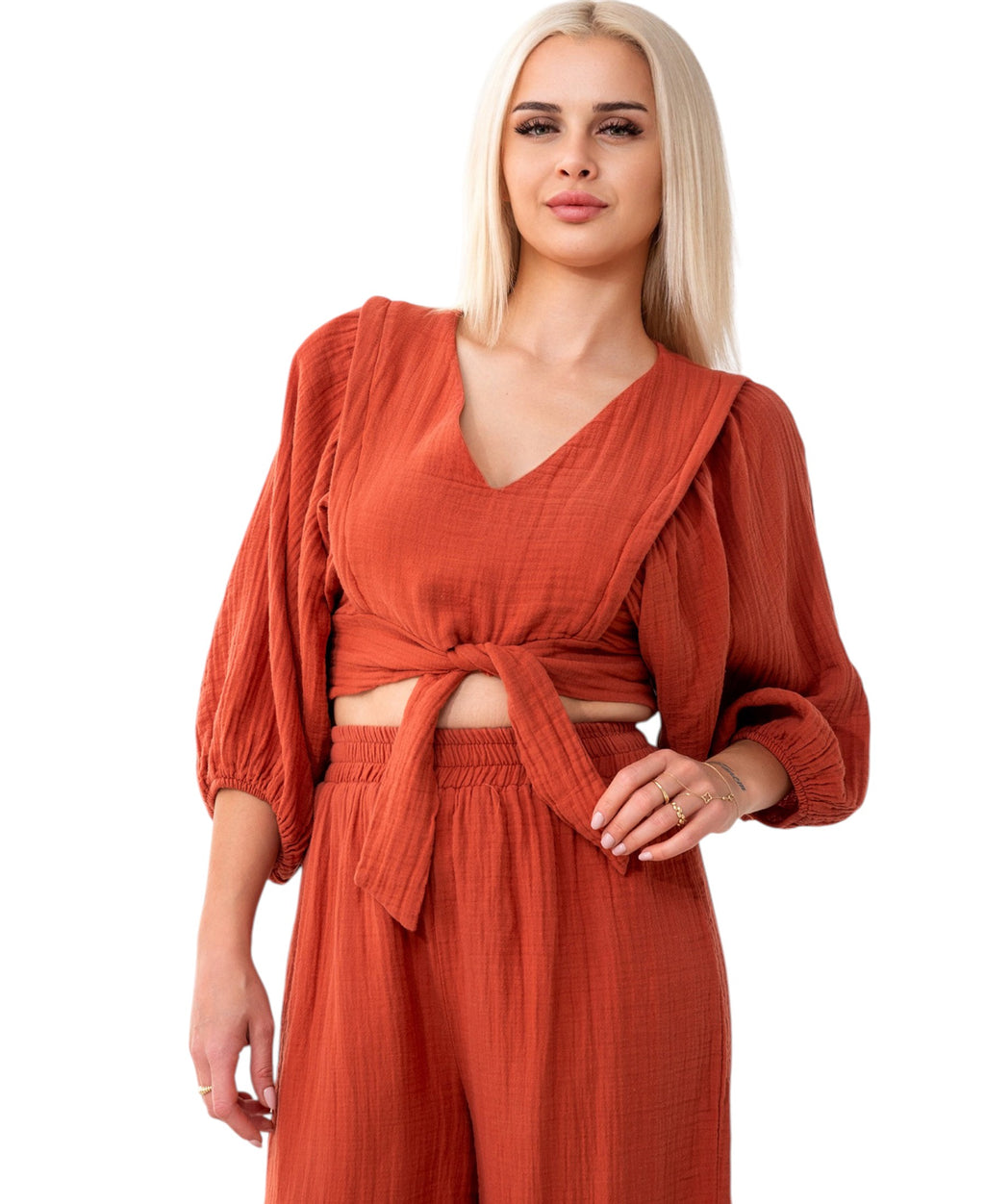 Crop-Top Set Damen Musselin-Zweiteiler mit Hose, Wickel-Top & V-Ausschnitt