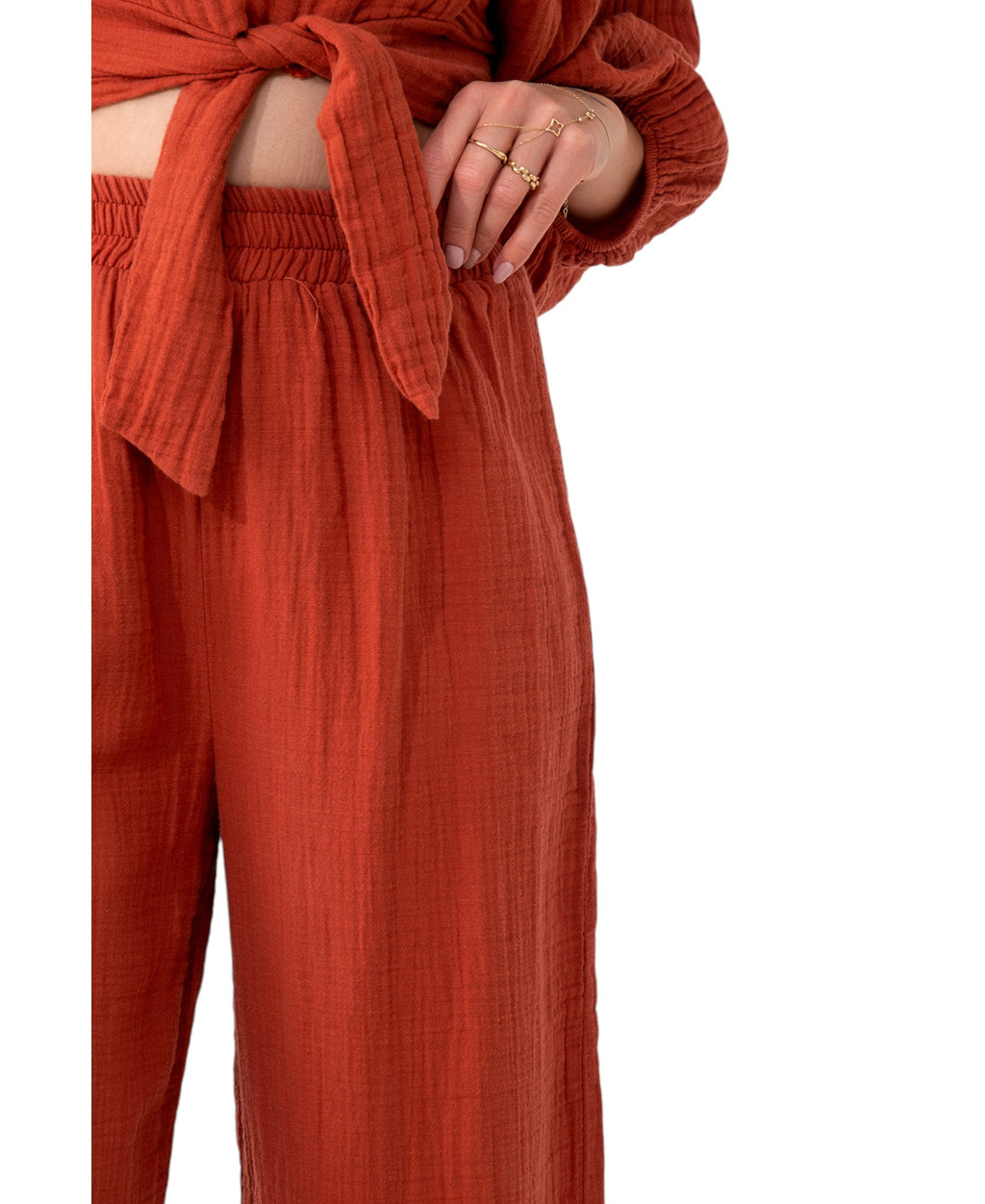 Crop-Top Set Damen Musselin-Zweiteiler mit Hose, Wickel-Top & V-Ausschnitt