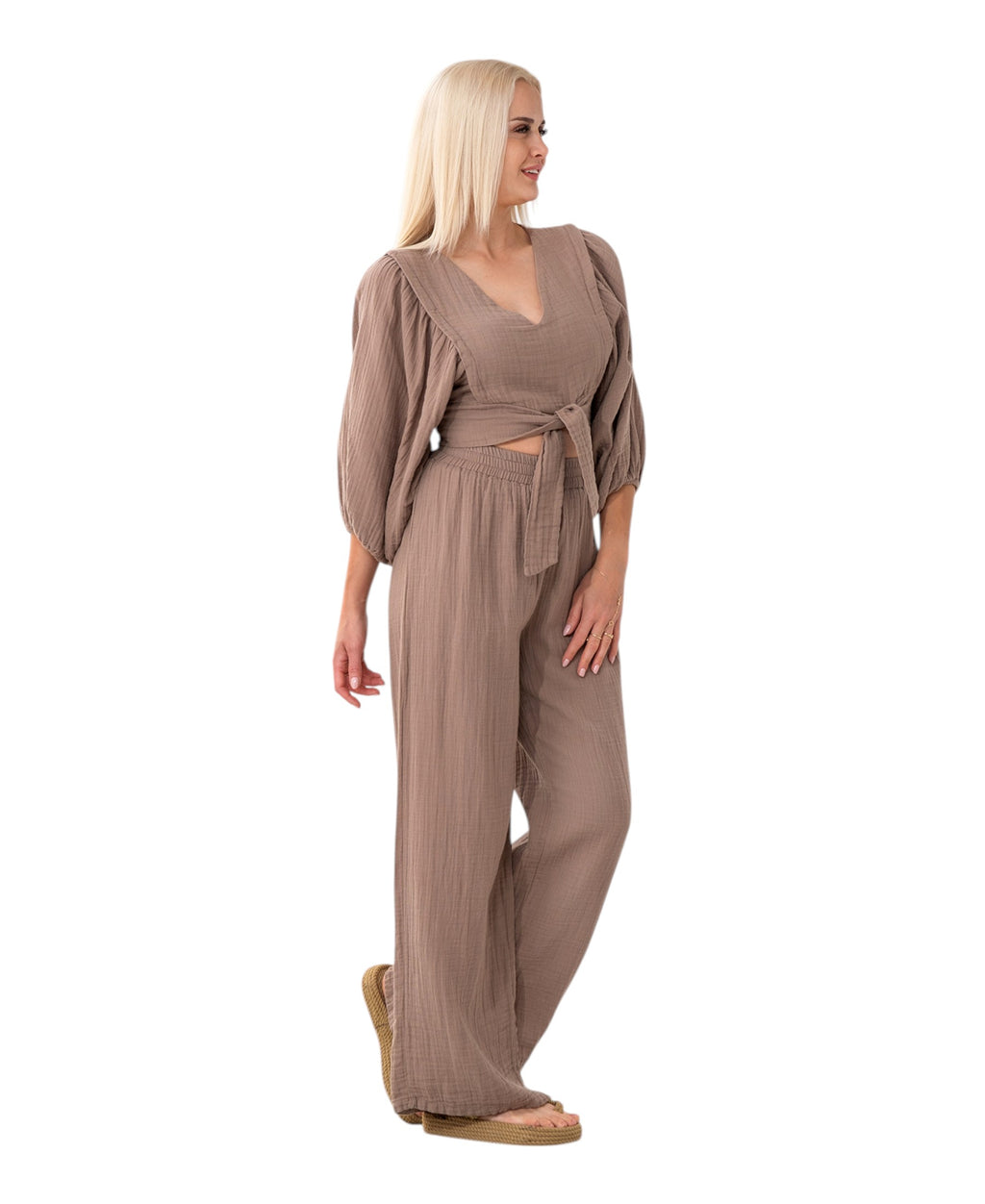 Crop-Top Set Damen Musselin-Zweiteiler mit Hose, Wickel-Top & V-Ausschnitt