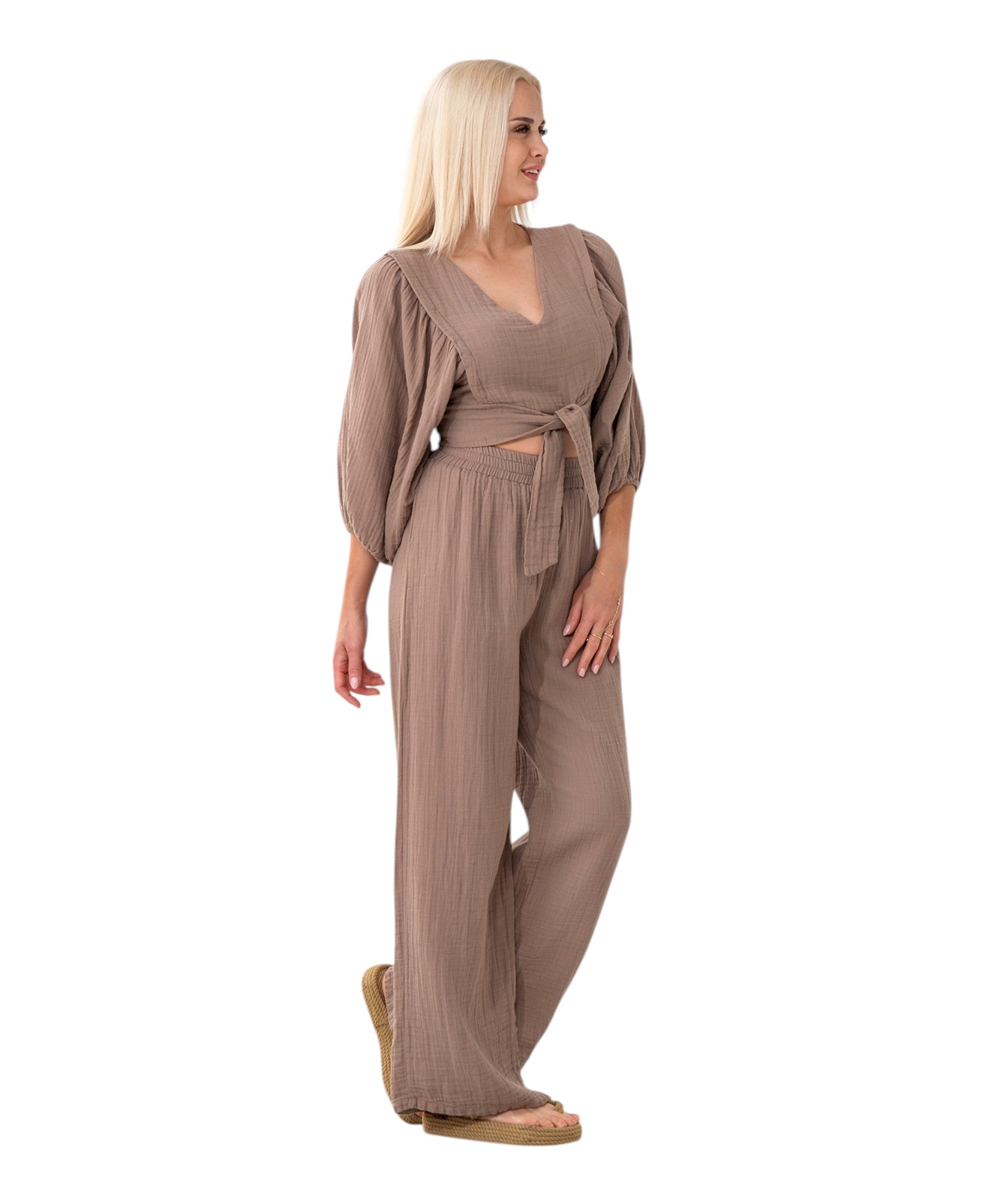 Crop-Top Set Damen Musselin-Zweiteiler mit Hose, Wickel-Top & V-Ausschnitt