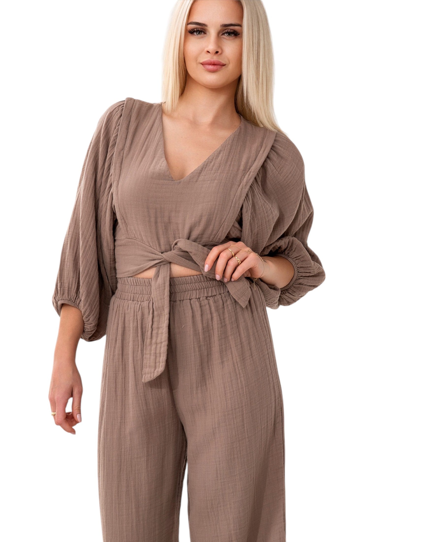 Crop-Top Set Damen Musselin-Zweiteiler mit Hose, Wickel-Top & V-Ausschnitt