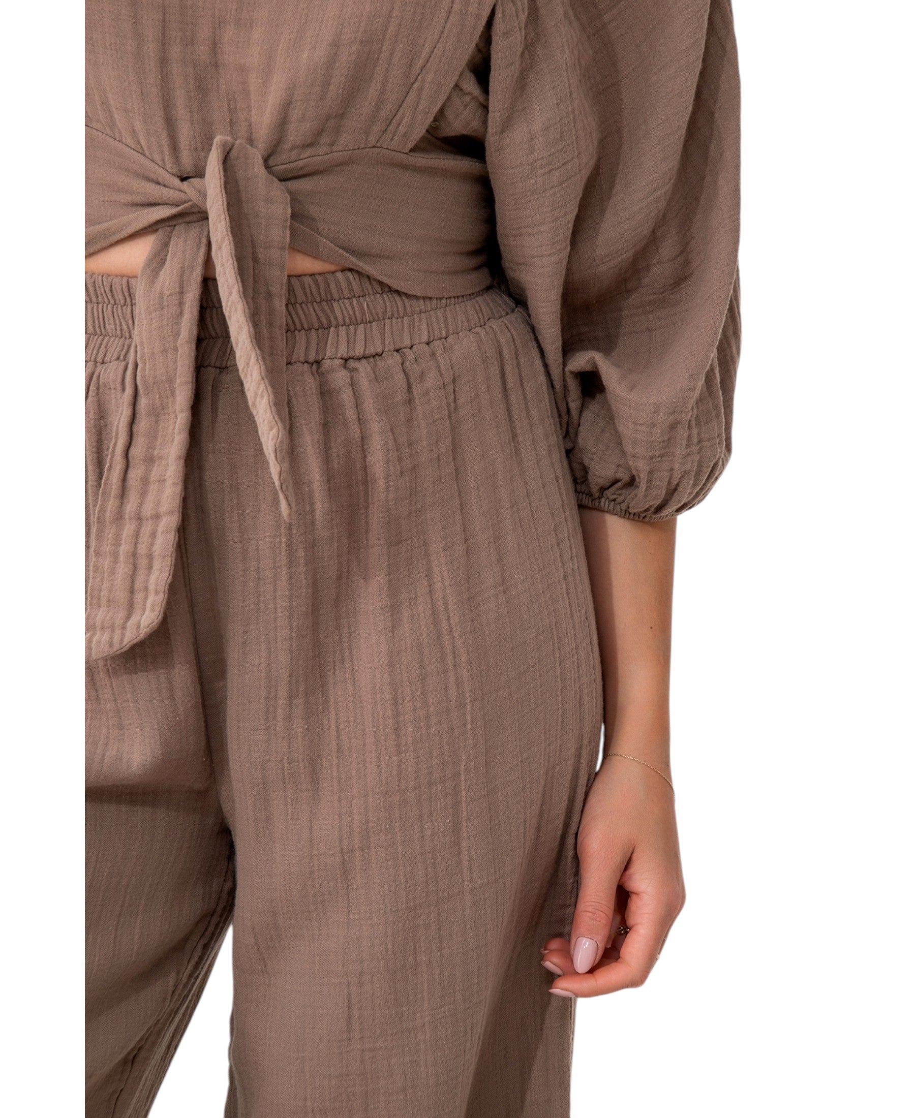 Crop-Top Set Damen Musselin-Zweiteiler mit Hose, Wickel-Top & V-Ausschnitt