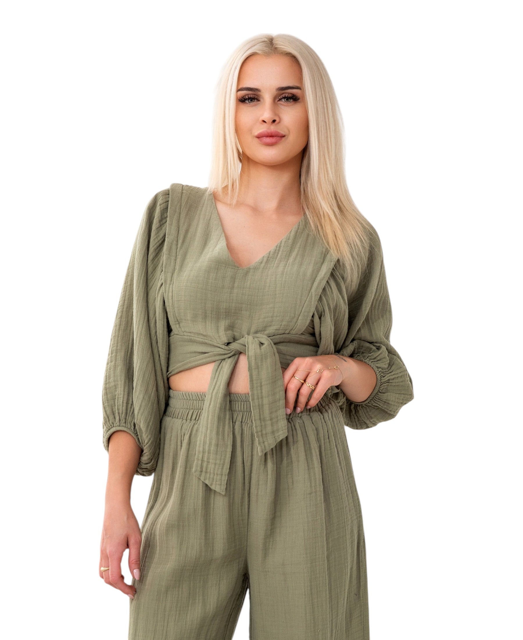 Crop-Top Set Damen Musselin-Zweiteiler mit Hose, Wickel-Top & V-Ausschnitt