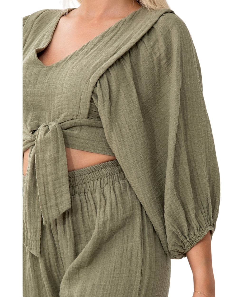 Crop-Top Set Damen Musselin-Zweiteiler mit Hose, Wickel-Top & V-Ausschnitt